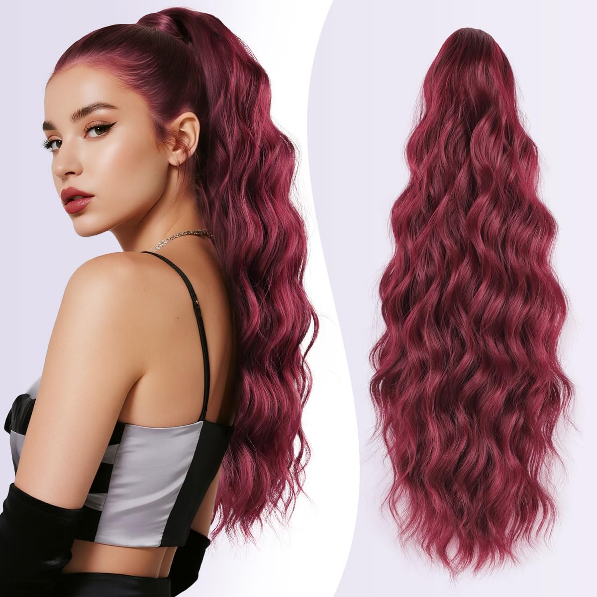 JIAMEISI Claw Clip Ponytail Hair Extensions 18 Inch Ponytail Extension Long Curly Wavy Jaw Clip in Pony Tails Extension Synthetic Fluffy Hairpiece for Women Girls Daily Use Party (Wine Red)