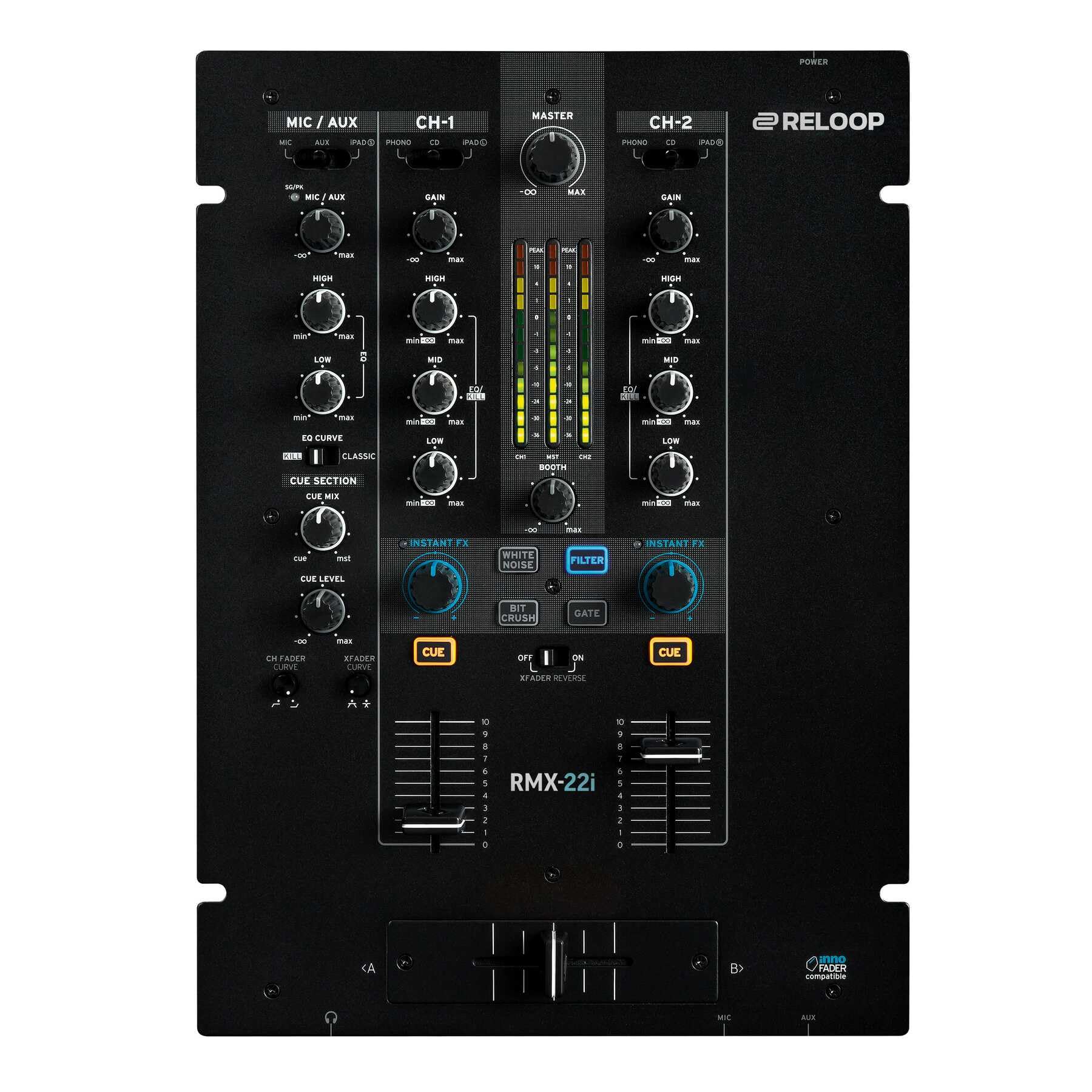 Reloop RMX-22i - Mixer digitale a 2 (+1) canali, 4 effetti sonori istantanei di colore per canale, iPad/tablet/smartphone audio split-input audio, nero
