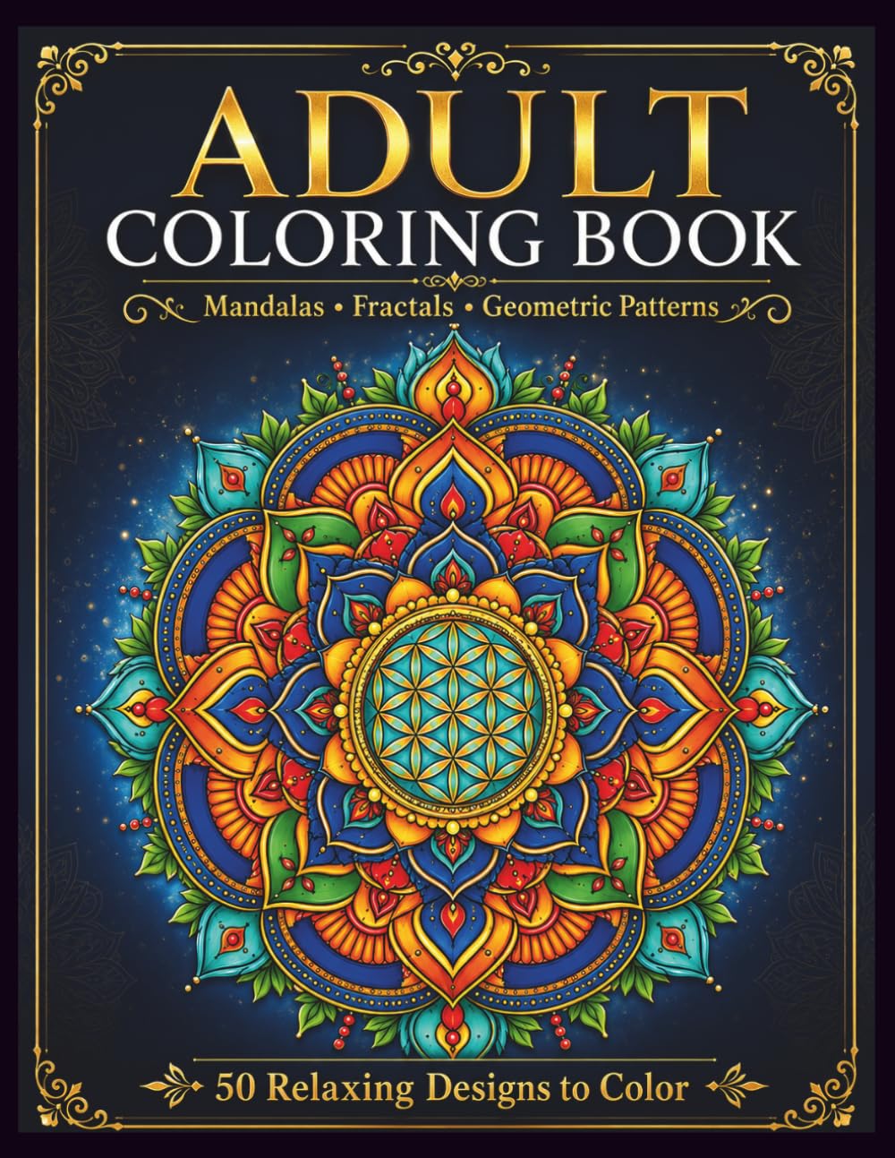 Mindful Mandalas and Geometric Patterns Coloring Book for Adults: 50 Relaxing Mandala, Fractal and Geometric Designs for Stress Relief, Creativity and Mindful Coloring
