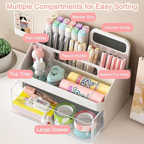 Miniatura 3 de SAYEEC Organizador de escritorio y accesorios con 6 compartimentos y 1 cajón, soporte para lápices con asa, organizador de almacenamiento de