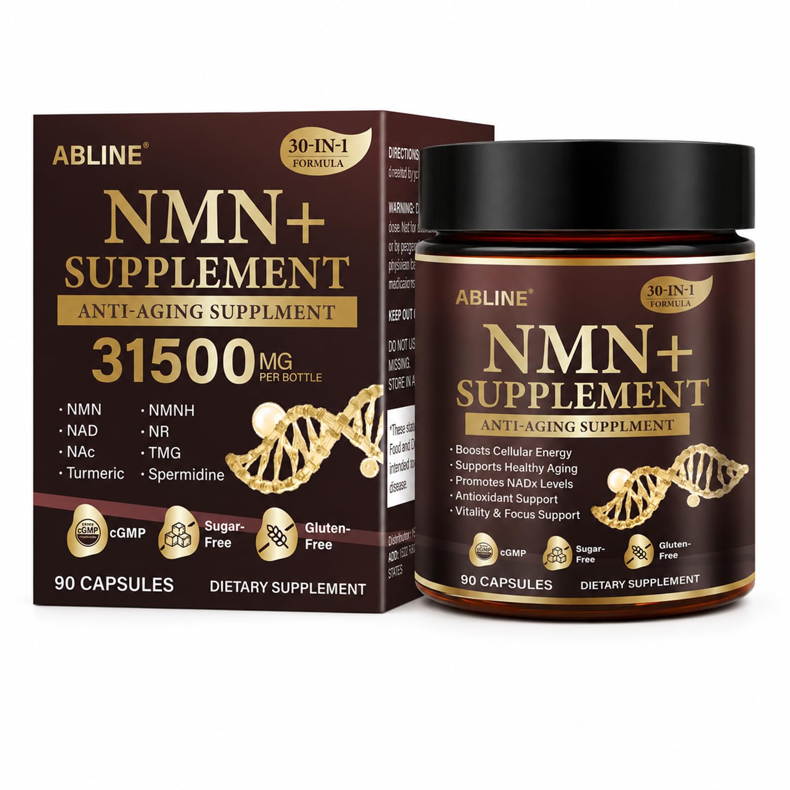 NMN + NAD+ Supplement 31500mg - Resveratrol, Spermidine, Quercetin, TMG - NAD Booster for Energy - 90 Vegan Capsules
