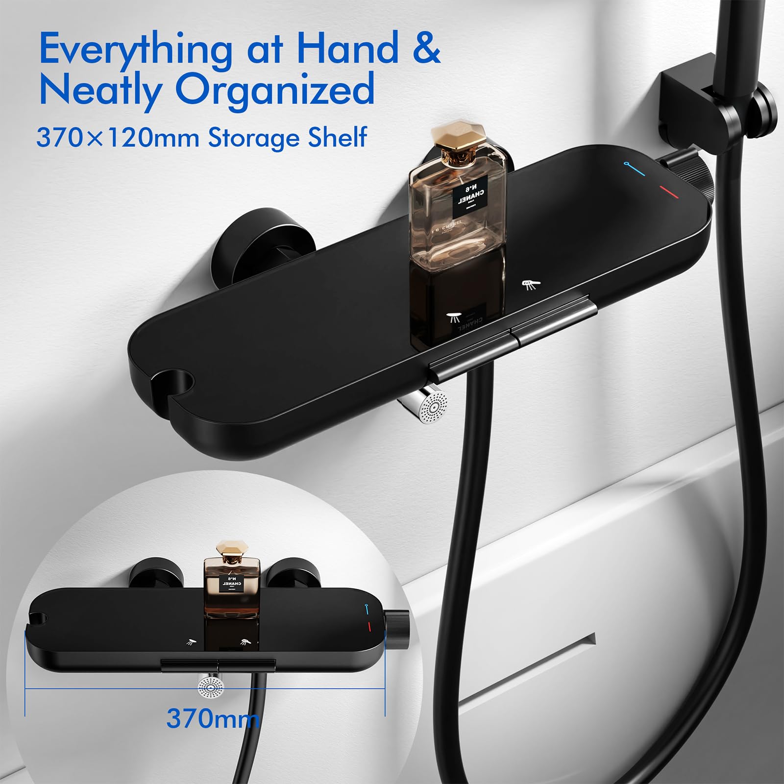 HOMELODY Badewannenarmatur schwarz mit Handbrause | 360° drehbarer Auslauf, Badewannenarmaturen mit Duschbrause, Glasablage, 1,5 m PVC Schlauch, Mischbatterie zur Wandmontage