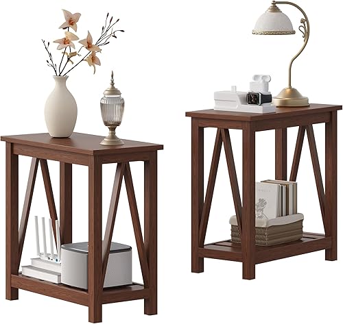 Miniatura 8 de ChooChoo Juego de 2 mesas auxiliares rústicas vintage con estante de almacenamiento para espacios pequeños, mesita de noche para sala de estar,