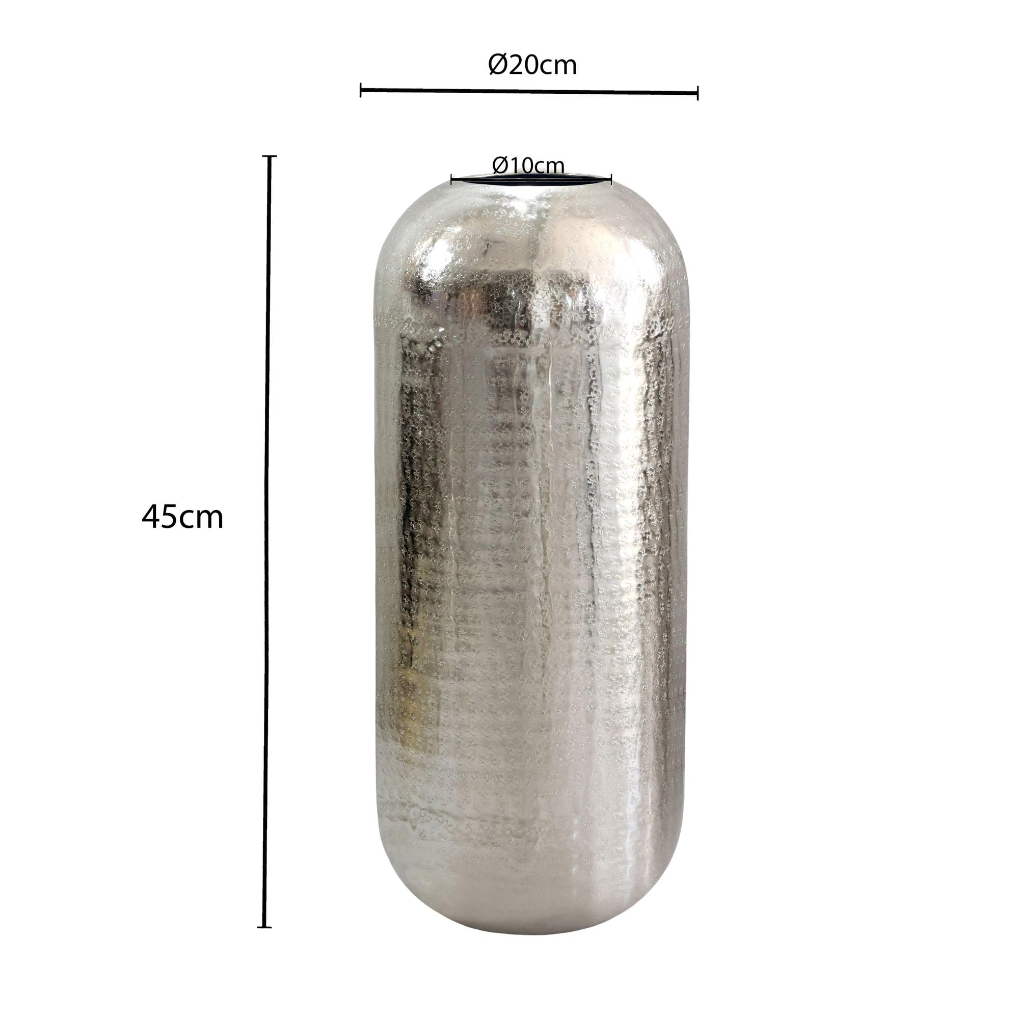FineBuy Bodenvase 45 cm Aluminium Silber Rund, Standvase | große Dekovase mit gehämmerter Oberfläche, Blumenvase handgefertigt, Wohndeko für Wohnzimmer und Flur