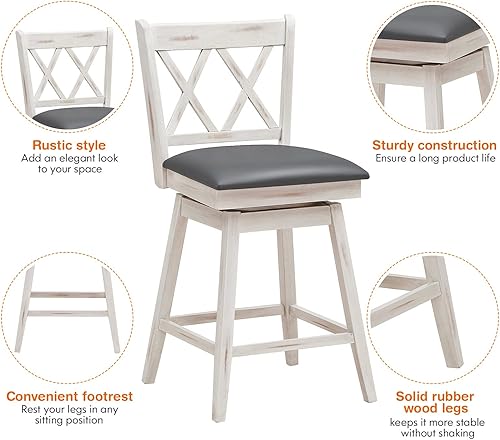 Miniatura 8 de COSTWAY Juego de 2 taburetes de bar giratorios de 360° de altura de mostrador de 25 pulgadas con reposapiés, cojín tapizado y respaldo ergonómico,