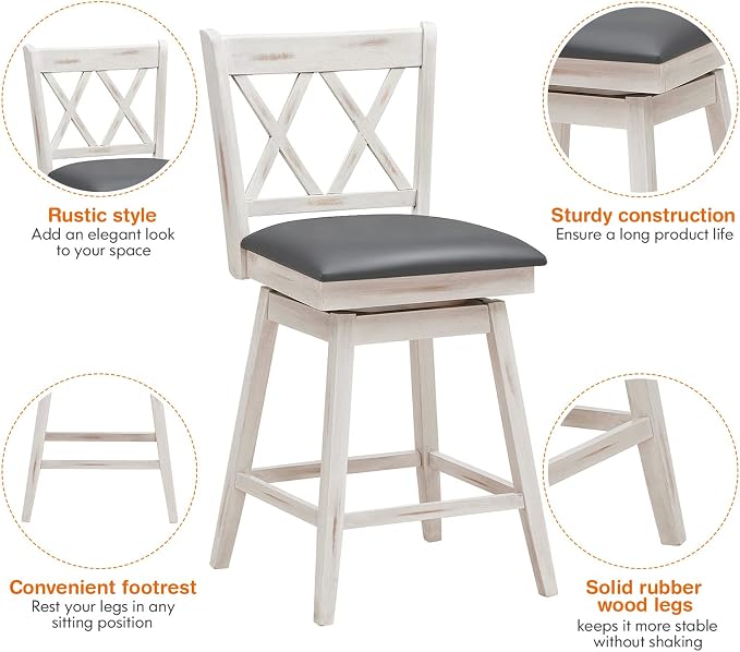 Set de 4 butacos COSTWAY, altura de barra 25 pulgadas con giro de 360°, reposapiés, cojín tapizado y respaldo ergonómico, estructura resistente, para pub o islas de cocina miniatura 8