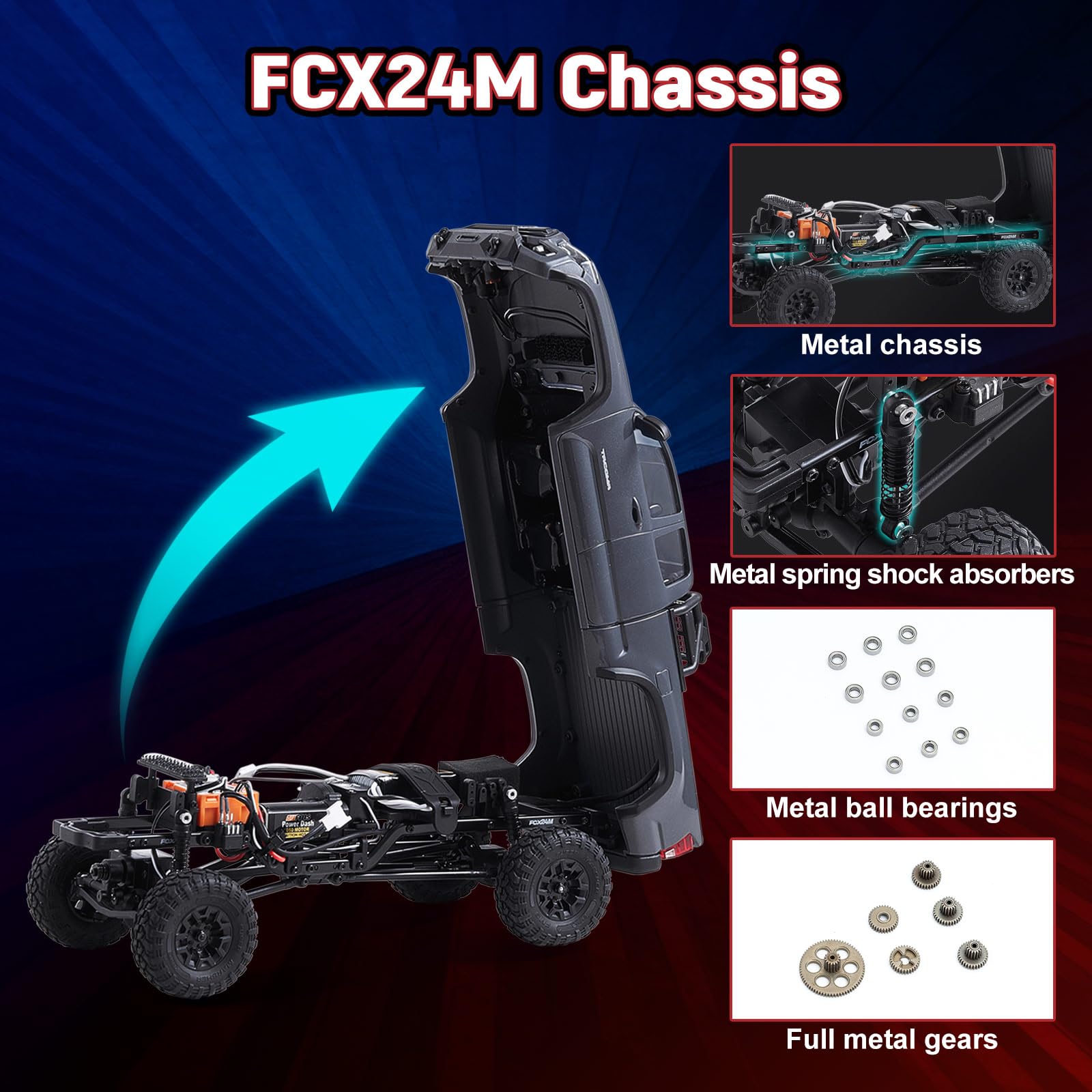 BEEZRC FMS 1/24 RC Crawler FCX24M Tacoma Toyota - Camión de roca 4WD Off-Road RC Rock, transmisión de 2 velocidades, coche de control remoto de grado hobby para adultos, RTR gris