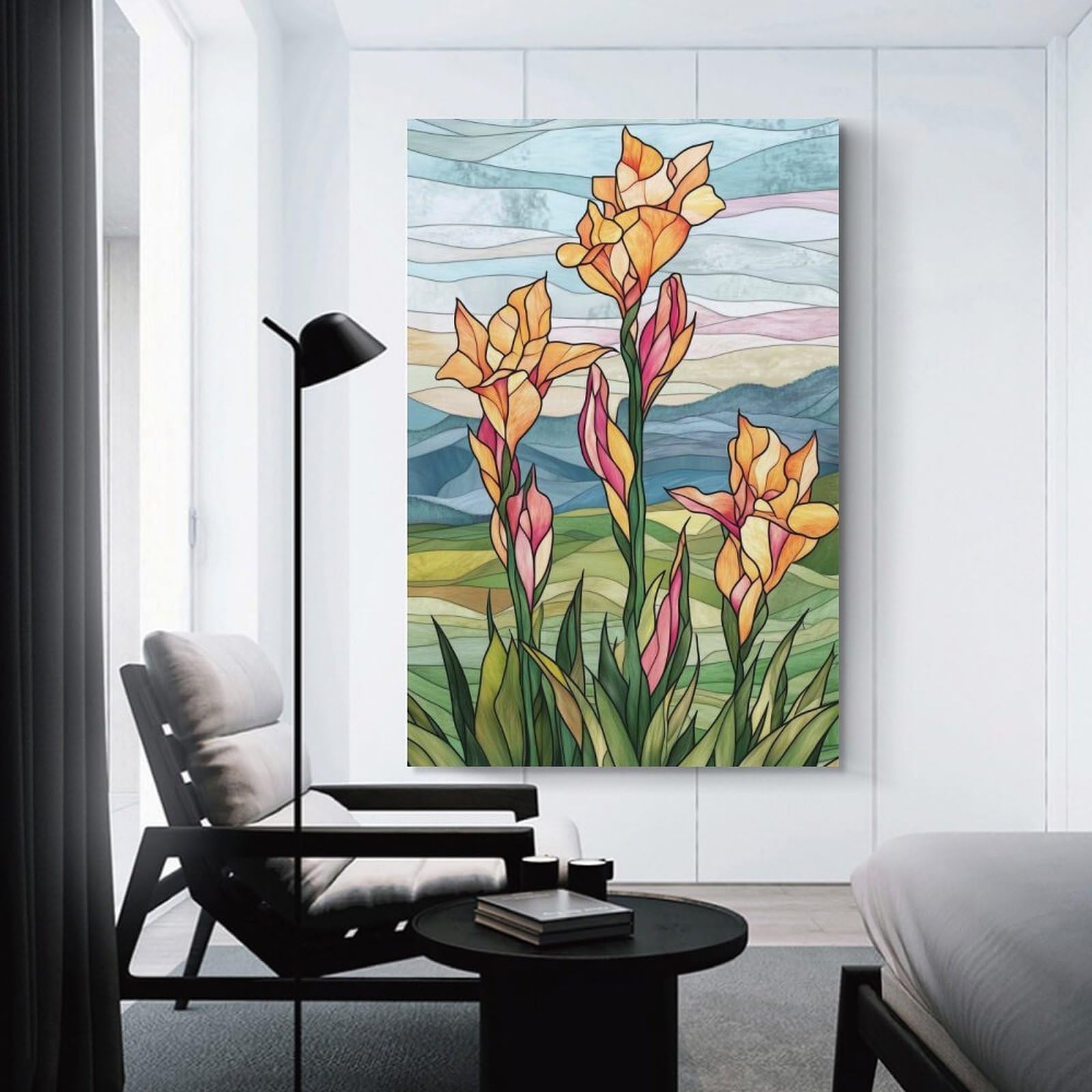 Junmoney Unframe-Style-6-1 Stained Glass Flowers Canvas Wall Picture, 16X24inch(40X60cm), For Flats, Guest Rooms Or Compact Rooms, An Easy Choice For New Home Styling