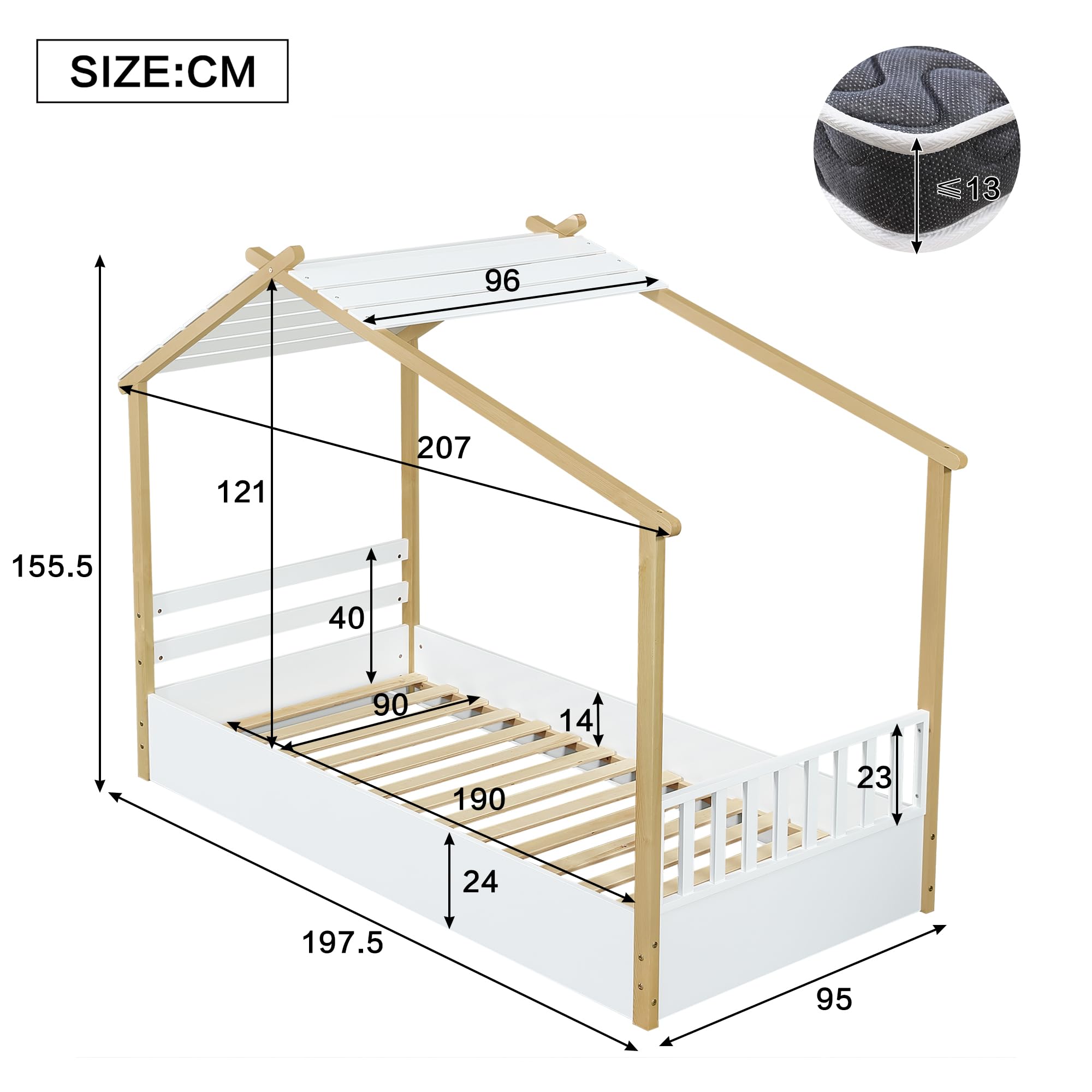 Lits en Bois, Lit d'enfant, Lit Individuel, Exquise Conception en Bois, Stable Lattenroste, Design Schlichtes, Pinier + Spanplatte + MDF, Weiß+Natur, 90x200cm