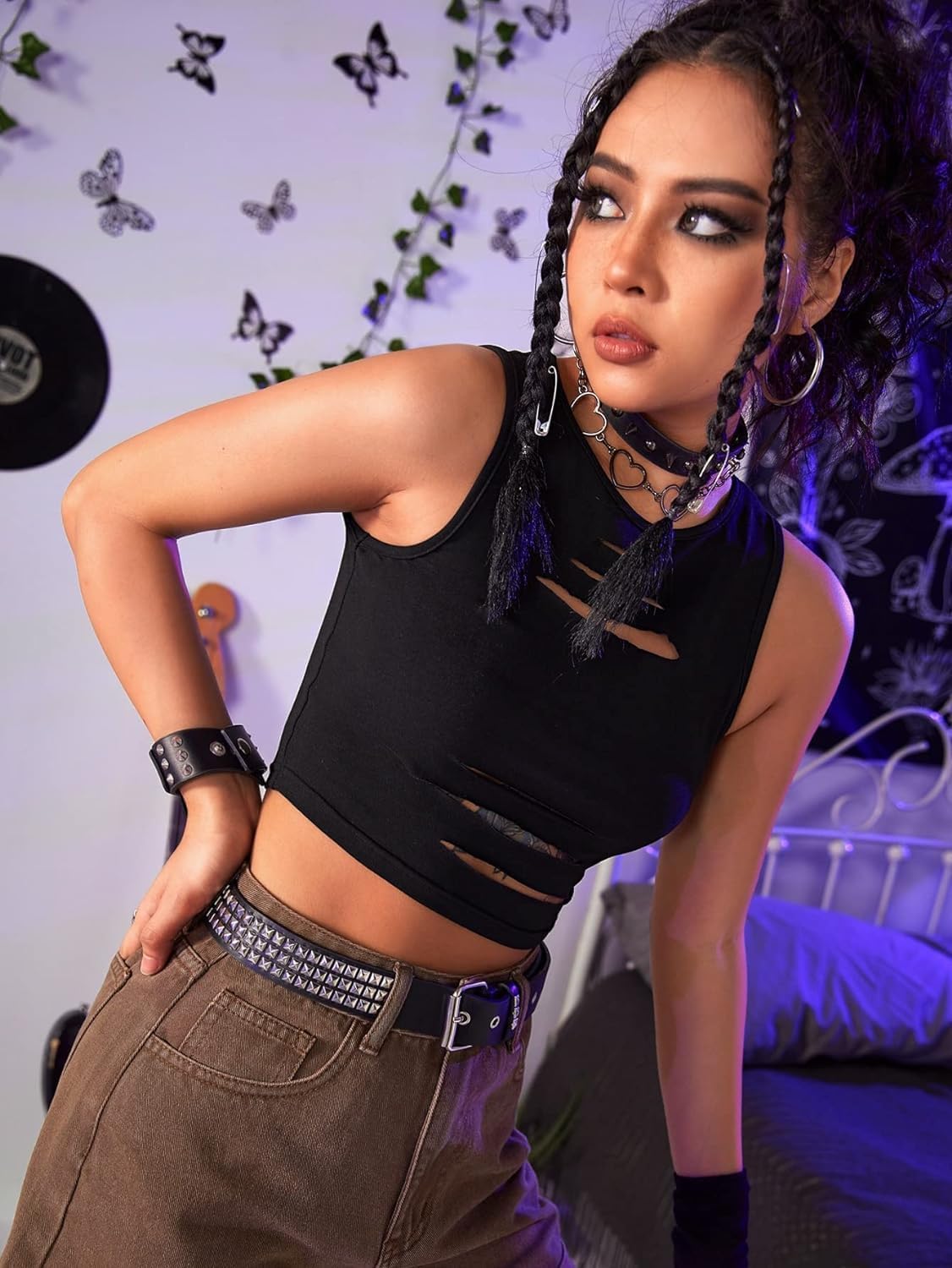 Floerns Women's Cut Out Sleeveless Round Neck Punk Rock Solid Ripped Crop Tank Top - Image 4