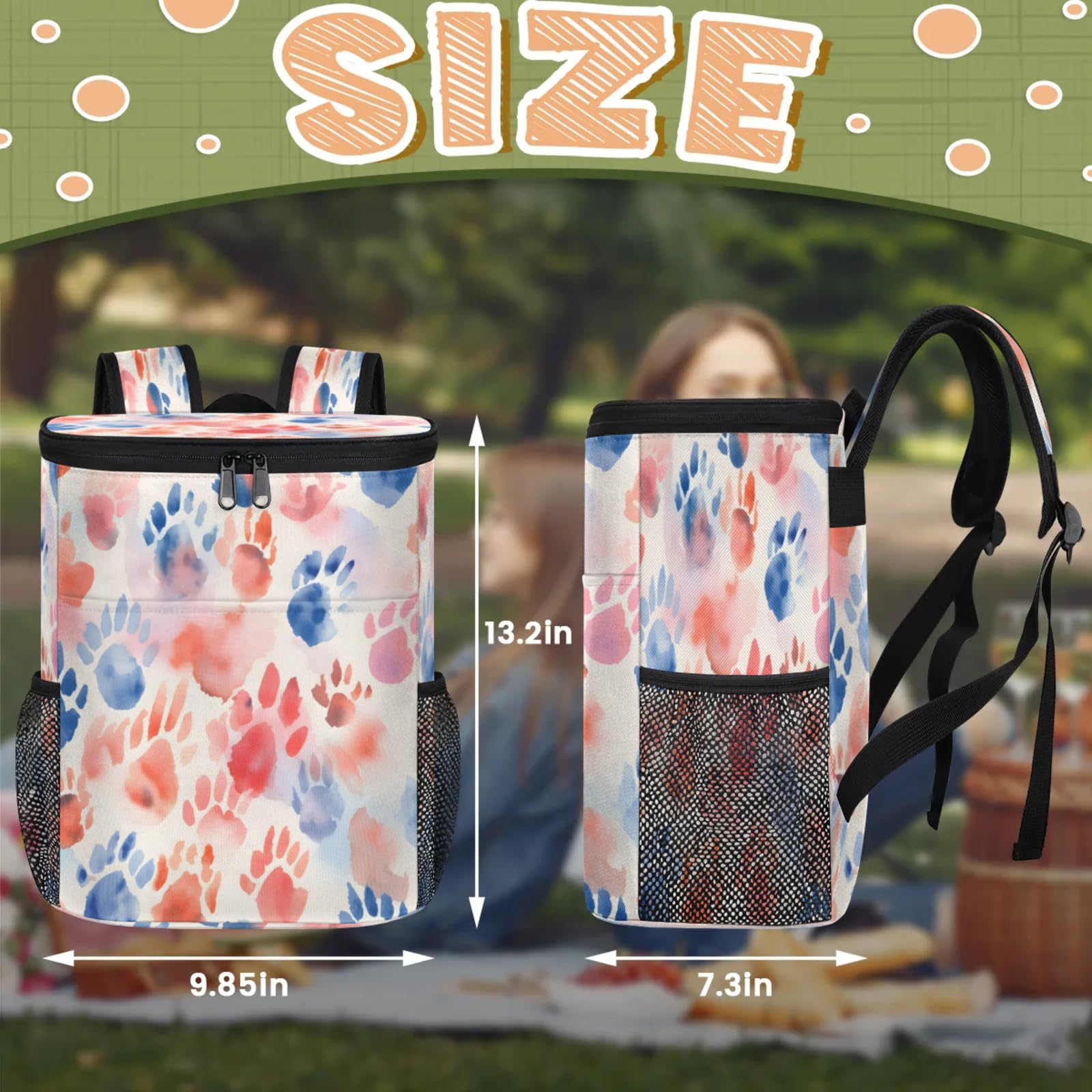 CNNINGYI Large Waterproof Insulated Cooler Backpack, Colorful Pawprint Animal Paw Leak Proof Backpack 30 Cans, Cartoon Dog Lightweight Cooler Bag for 12h Hot/Cold Retention