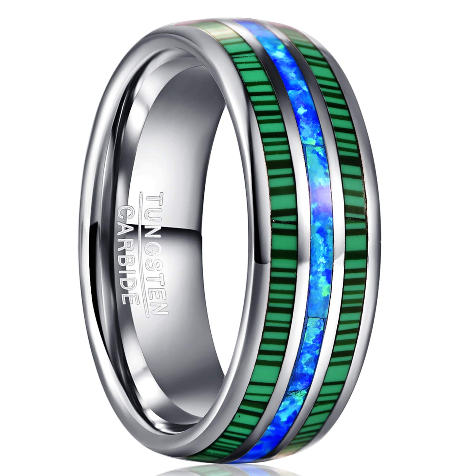CHALAIRMen's Rings Tungsten Ring with Malachite and Blue Opal 8mm Silver Wedding Band Domed Polished Ring Size O-Y