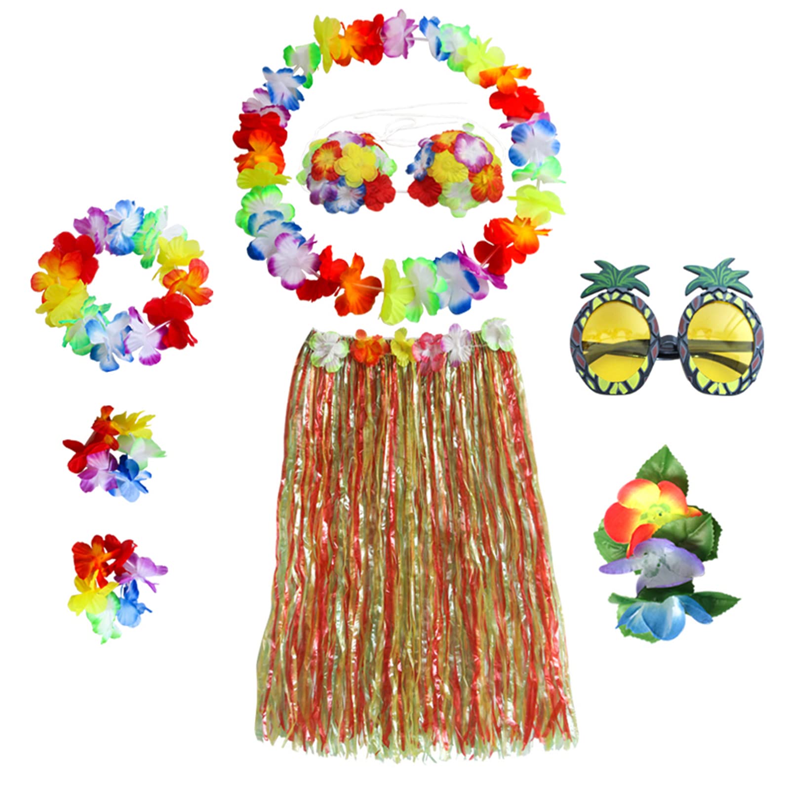 HBell 8PCS Hawaiian Hula Skirt Costume Set,Hawaiian Grass Skirt,Hawaii Leis,Flower Bikini,Pineapple Glasses for Adults Kids Fancy Dress Supplies Summer Beach Tropical Party Decorations
