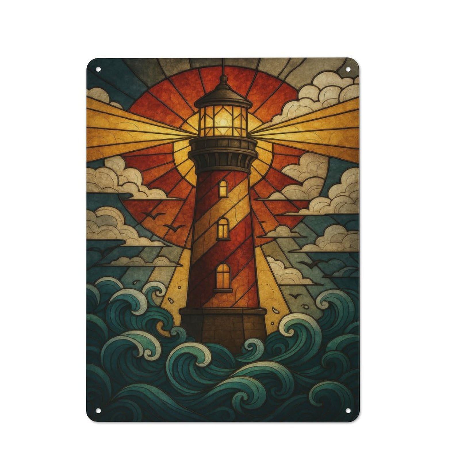 Stained Glass Lighthouse Decorative Tin Sign 40x30cm, Old Fashioned Vintage Wall Decor for Lounge, Study, Pub Or Wall Gallery