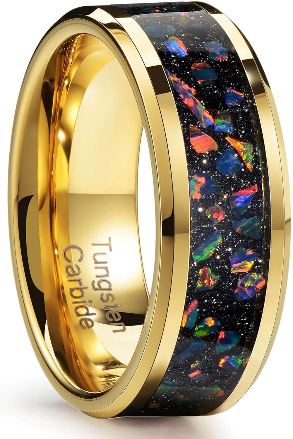 Men's Gold Tungsten Ring, Wedding Band, Inlaid with Star Opal, Brilliant Bevel Comfort Fit Size 7-14, Comes with Beautiful Box