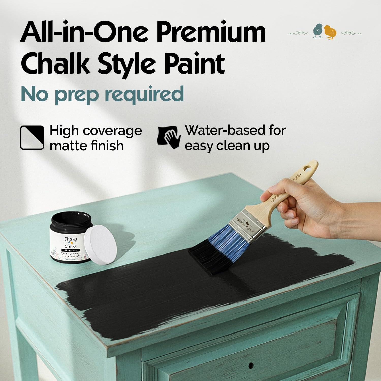 Chalky Chicks 32 Fl Oz Matte Starless Night Black Chalk Paint for Furniture Without Sanding - No Prep Furniture Paint No Sanding All in One for Crafts, Wood, Cabinet, Walls, Metal, Dresser, Farmhouse