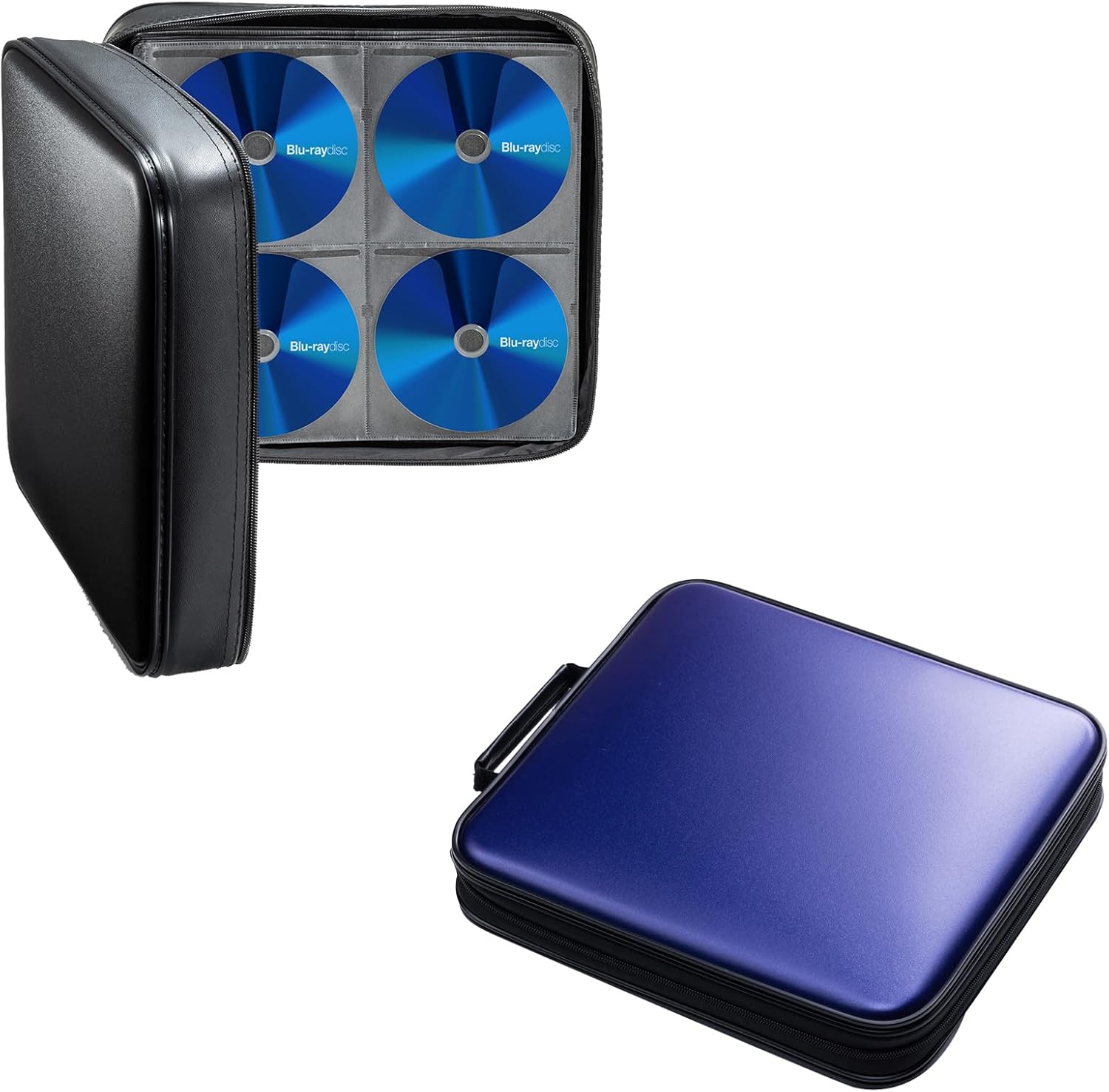 SANWA 160 + 320 Capacity CD Case, Large CD Sleeves, Portable DVD VCD Storage Box, Zippered EVA Protective Blu-ray Wallet with Handle, for Car, Home, Office, Games Disc, Audio Music, Blue + Black