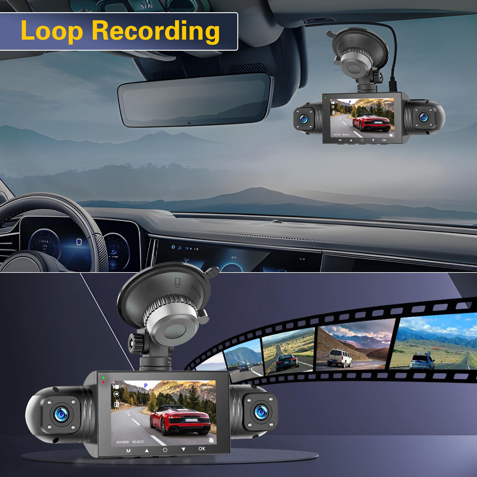 Hikity 3 Inch IPS Screen Cámara Coche Dash CAM, Dashcam Cámara Coche para Radio de Coche Android Admite Conexión por USB|Grabación en Bucle|Visión Nocturna|Graba Automáticamente