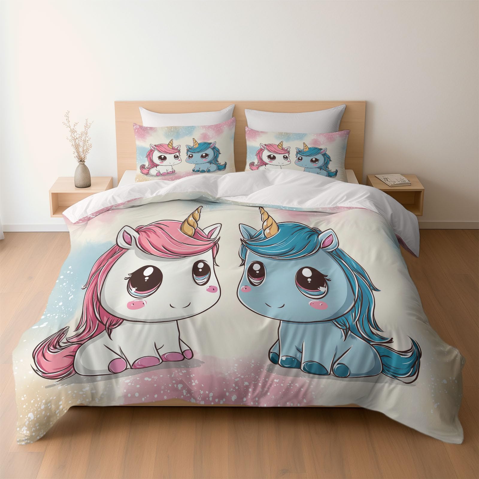 Cartoon Unicorn Clipart Printed Duvet Cover, Reversible Light Gray Quilt Cover Bedding Double Bed Set, Cosy Soft Hypoallergenic Non-Iron Comforter Covers with Pillowcases