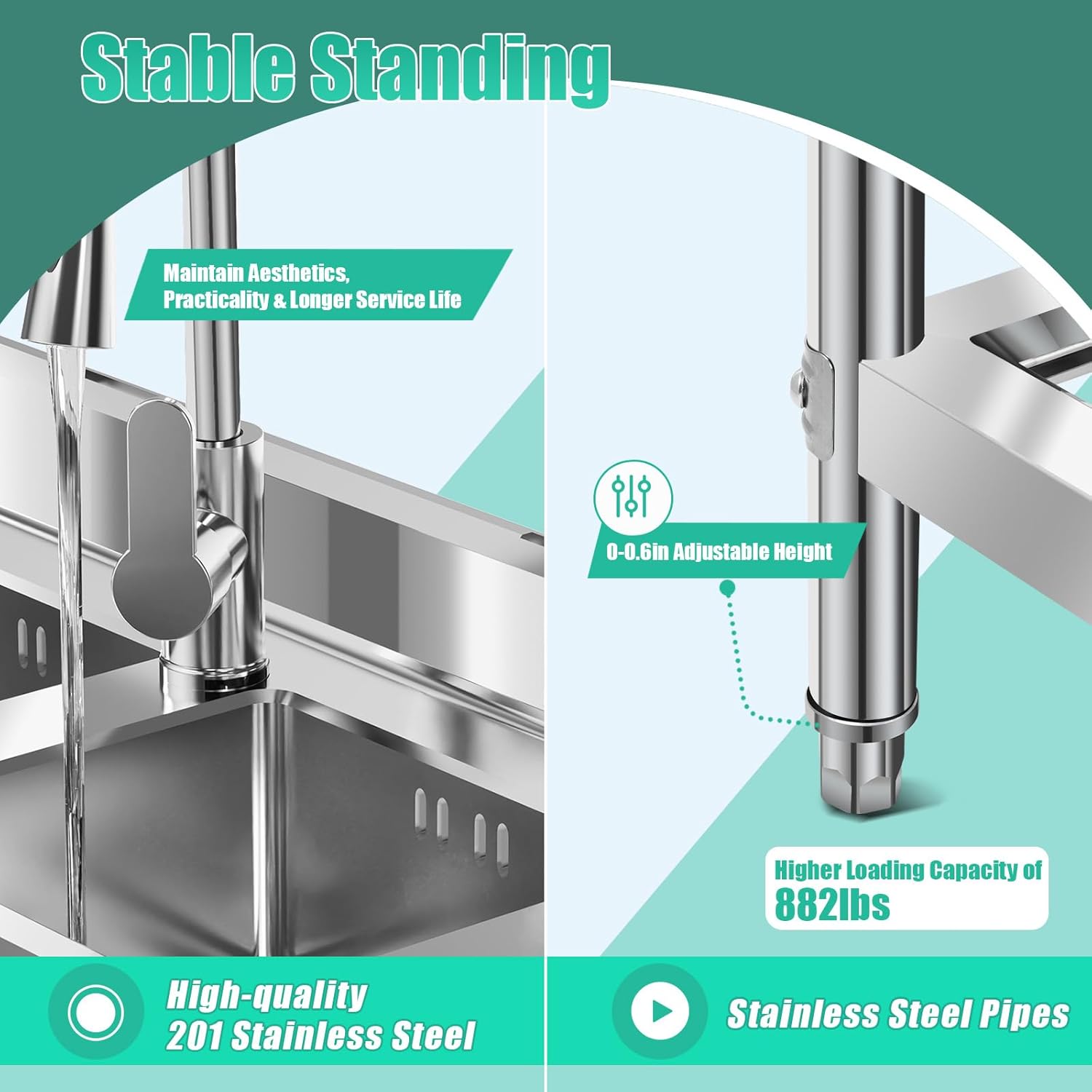 Stainless Steel Utility Sink, Freestanding Double Bowl Stainless Steel Sink, Commercial Kitchen Sink with Dual-Control Faucet & Workbench, 47.24 * 17.72 * 31.89 inch, 881.85 lbs Capacity