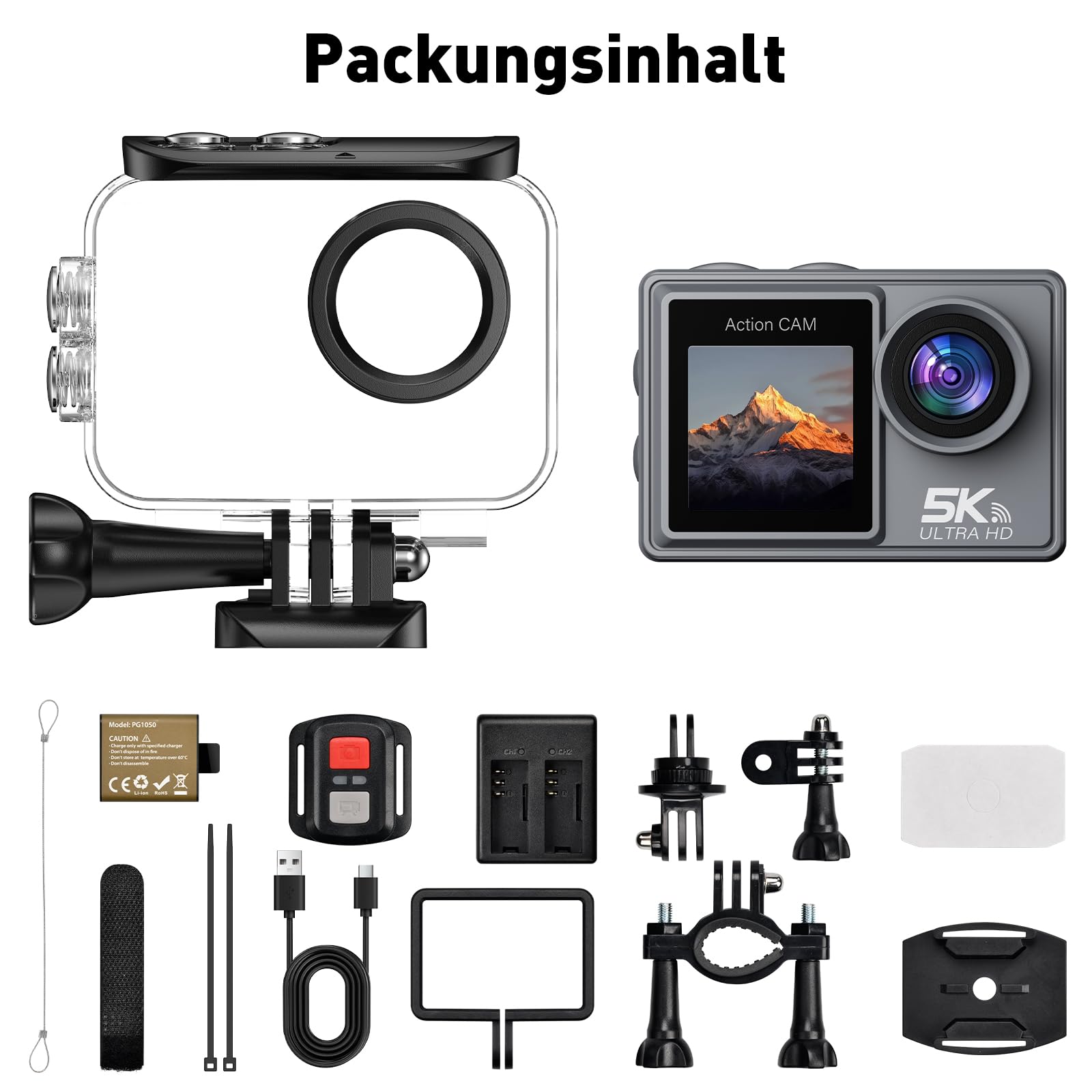 Action Cam 5K/ 4K, 50MP 30M/98FT wasserdichte Unterwasserkamera mit 64GB SD Karte, EIS, WiFi, 170° Ultra-Weitwinke Action Kamera–Ideal für Fahrrad, Schnorcheln, Motorrad, helmkamera
