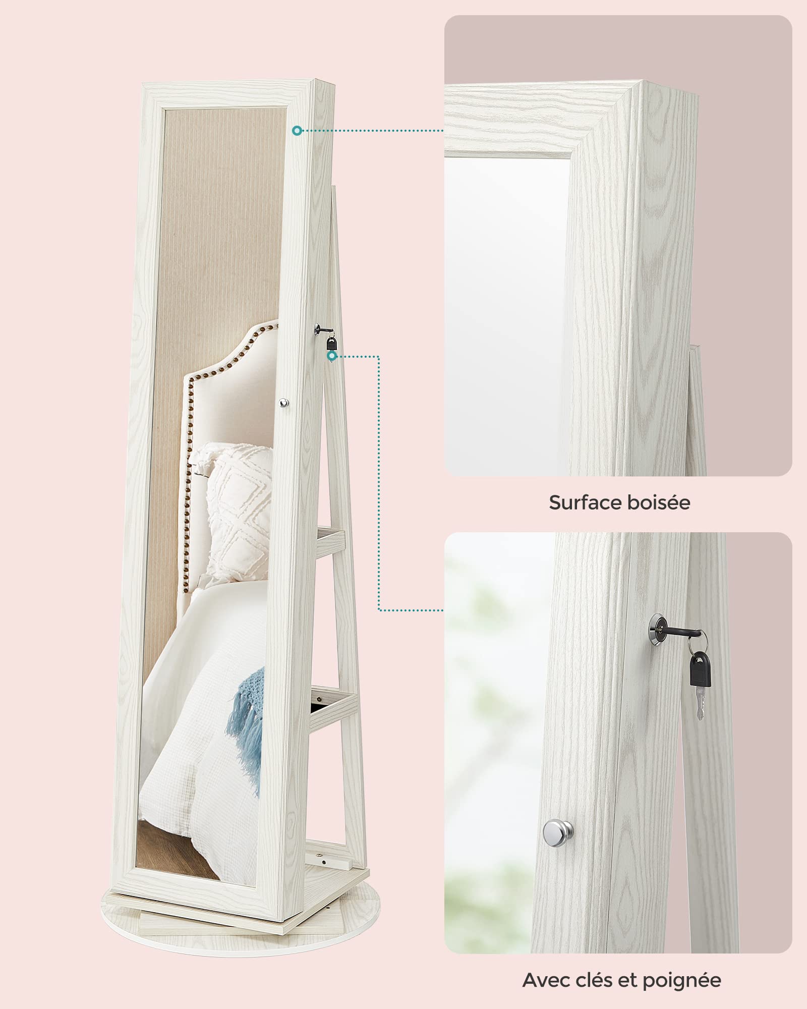 SONGMICS Armoire à Bijoux, Organisateur d’Accessoires, avec Miroir Pleine Longueur, Pivotant à 360°, Étagère de Rangement, Verrouillable avec des Clés, pour Chambre, Blanc Boisé Grisâtre JBC62W
