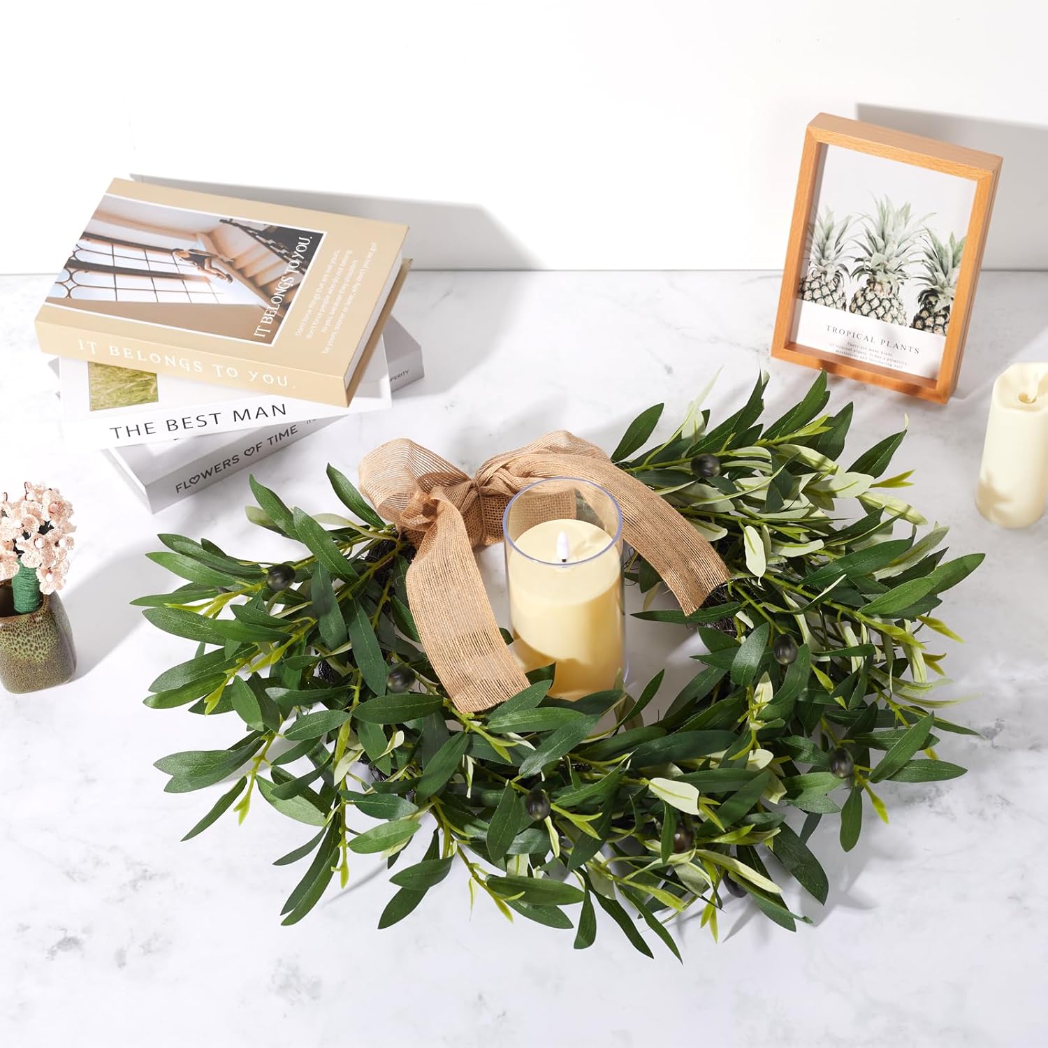 20.87 Inch Artificial Olive Wreaths for Front Door, Real Touch Green Leaf Olive Fruit Spring Flower Swag, Perfect for Wedding Home Outdoor Indoor (2PCS)