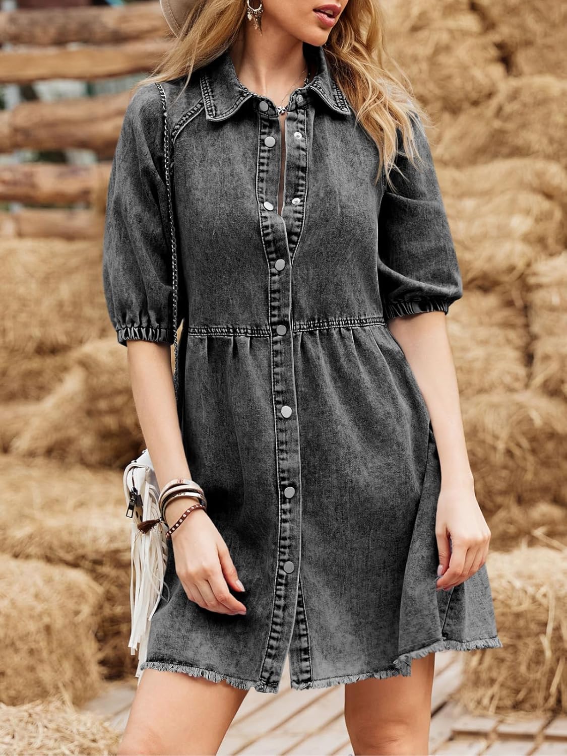 Pepochic Womens Summer Denim Dress Button Down Short Sleeve Babydoll Dress Puff Sleeve Flowy Jean Dress - Image 3