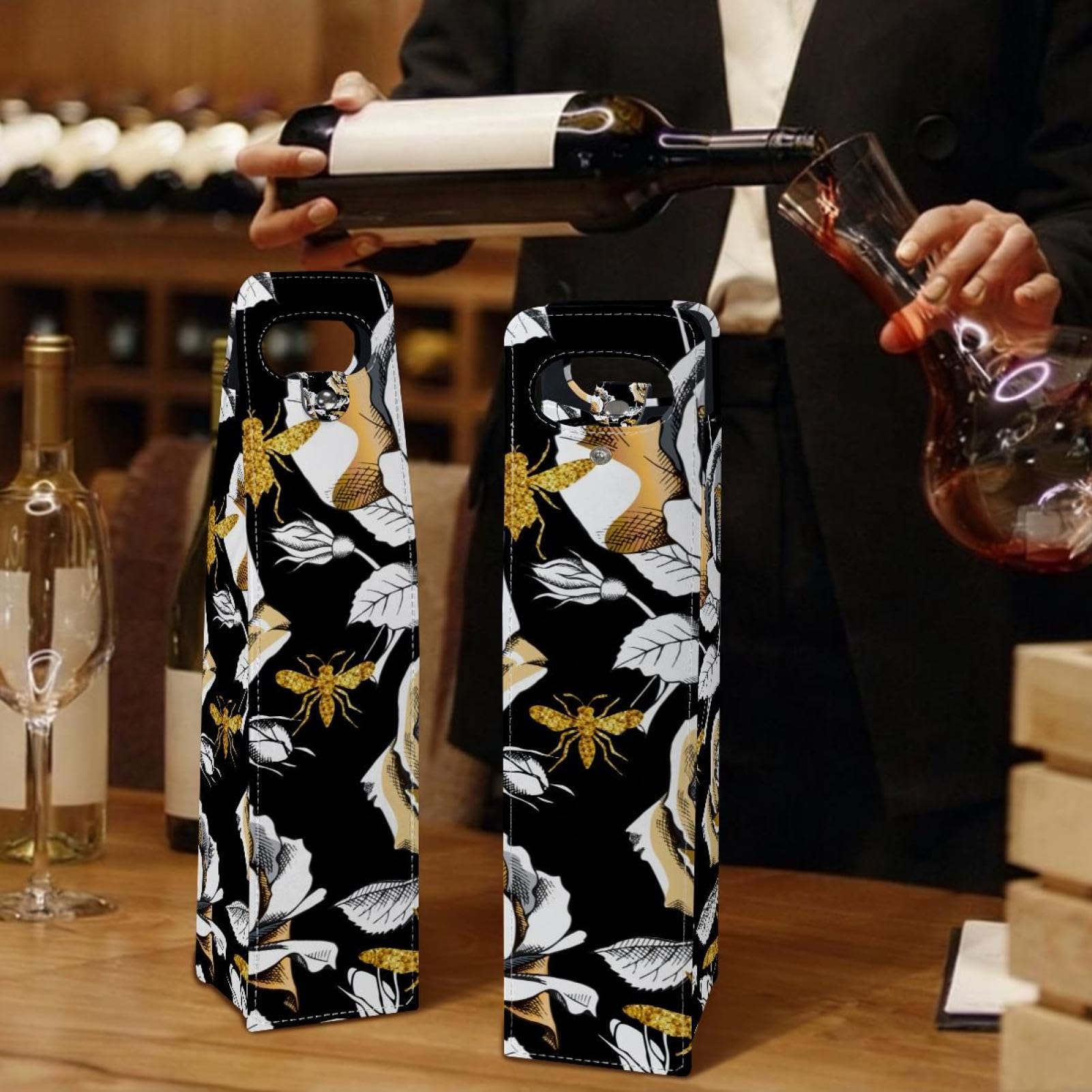 Borsa per vino, 2 pezzi, riutilizzabile, in pelle, per bottiglia singola, champagne, birra, sacchetti regalo per compleanni, matrimoni, feste di picnic, Natale, motivo con api e rose dorate