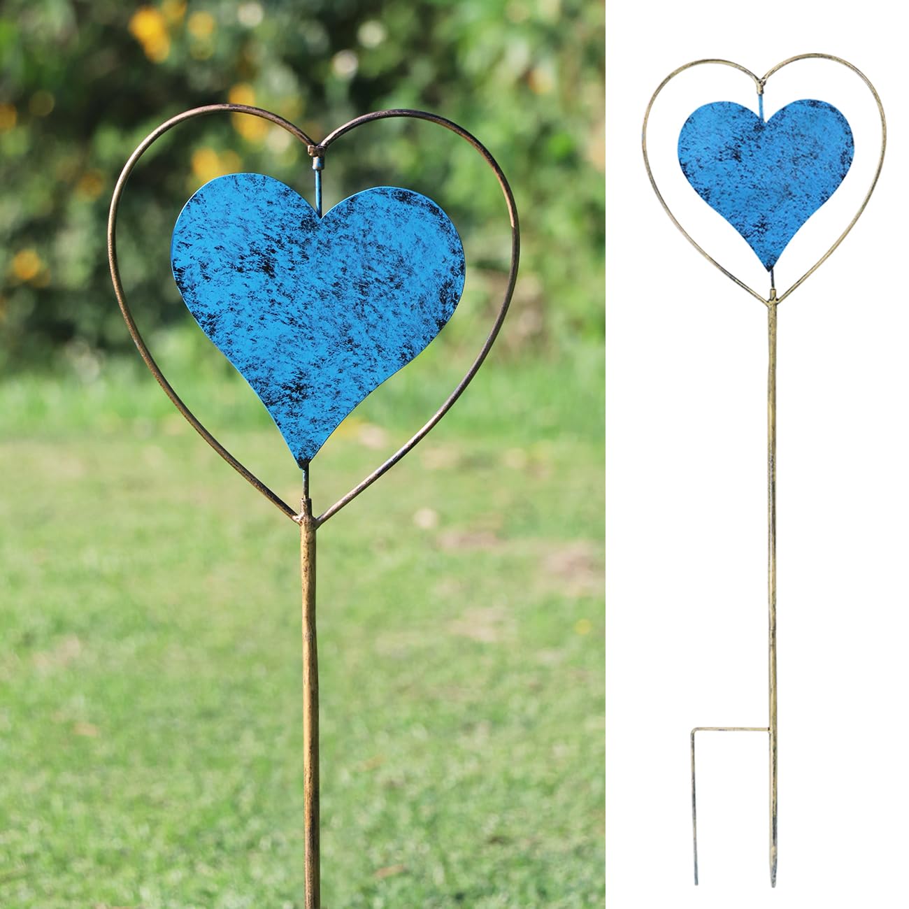Metal Garden Decor for Outside，Rotating Heart-Shaped Garden Stake, Perfect for Planter Decorations, Outdoor Lawn Gardens, Also The Best Choice for Gifts - Blue