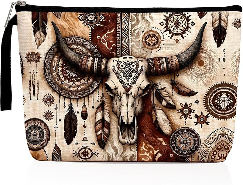 Necessaire de maquiagem Hanamiya Na com estampa de caveira de boi, Western, estojo com zíper