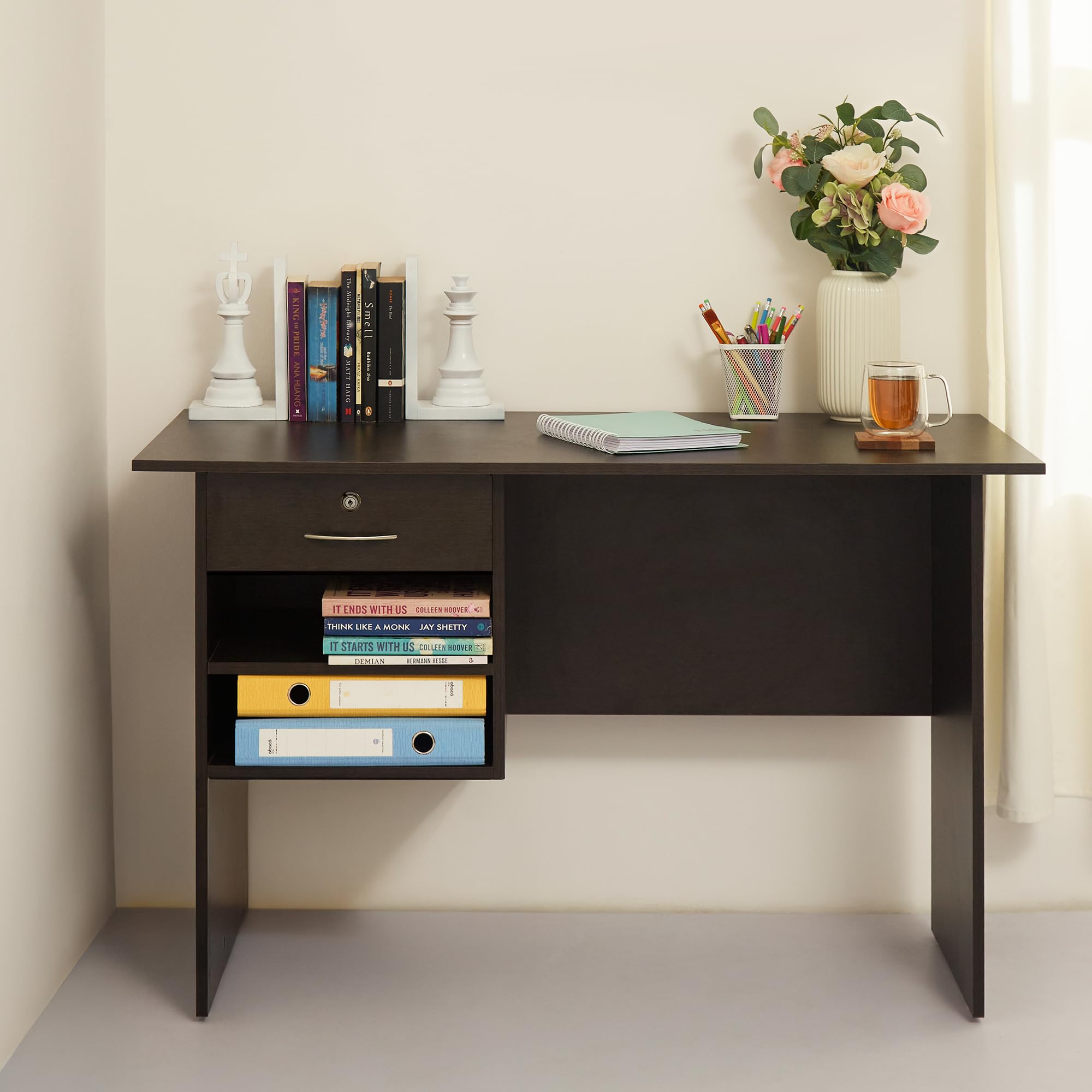 Green Soul Rhine Office Table for Home & Office, 4ft Study Table with Lockable Drawer & 2 Shelves, Sturdy Build, Computer/Writing Desk for Home, Adults & Students, Wenge, 3 Year Warranty