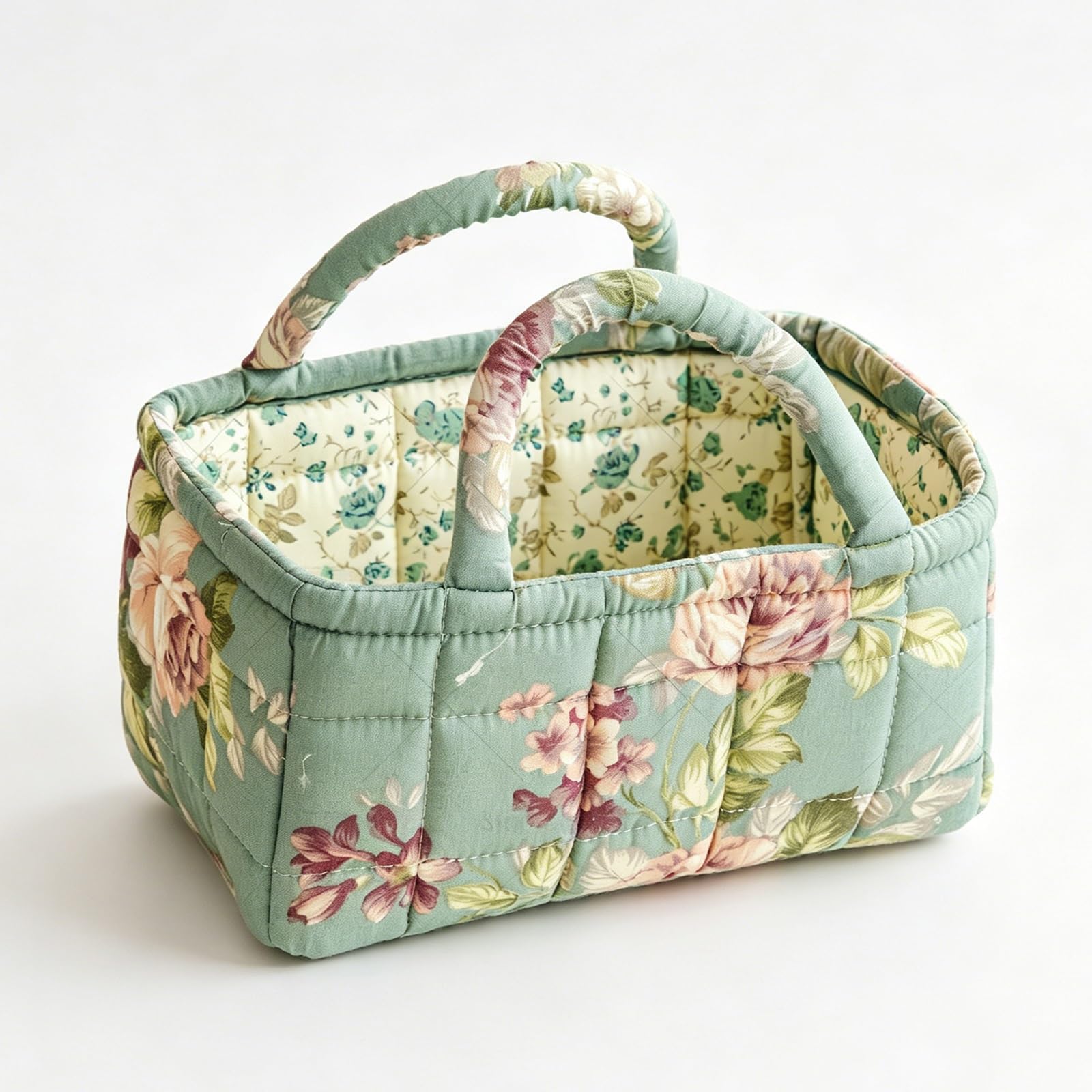 3L Floral Quilted Fabric Storage Basket, Portable Small Organizer Bin with Double Handles, Collapsible Cotton Makeup Basket for Bathroom Desktop Cosmetic Sundry Home Storage(12)