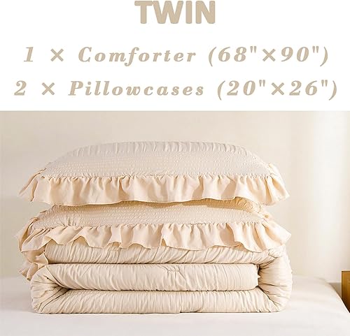 Miniatura 6 de Edredón beige tamaño King con diseño de sirsaca con bordes con volantes, juego de ropa de cama beige ultrasuave de 3 piezas, juego de edredón