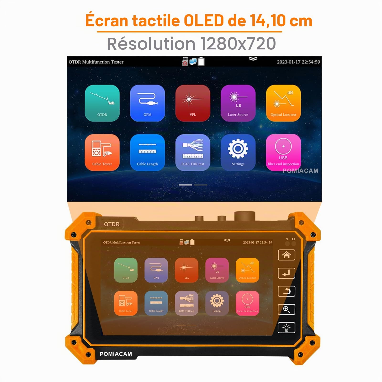 Testeur de fibre optique OTDR MOT-51C 1310/1550 nm 26/24 dB, écran tactile OLED de 5,55 pouces VFL intégré OPM LS (source lumineuse) Carte des événements OLT (test de perte optique)