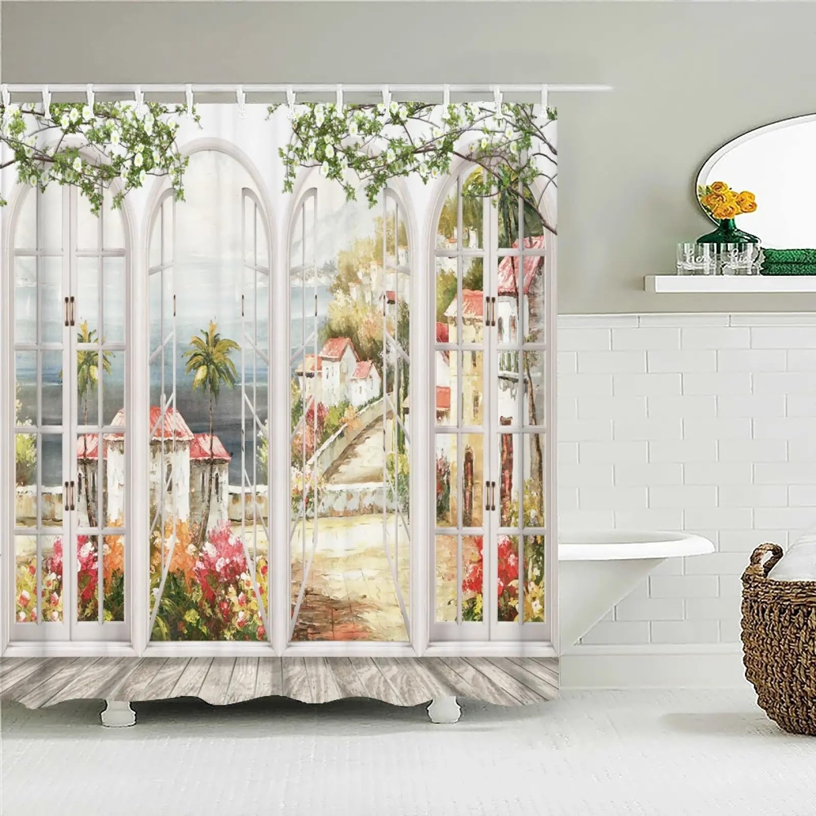 Rideau de salle de bain imperméable en polyester à motif paysage 3D