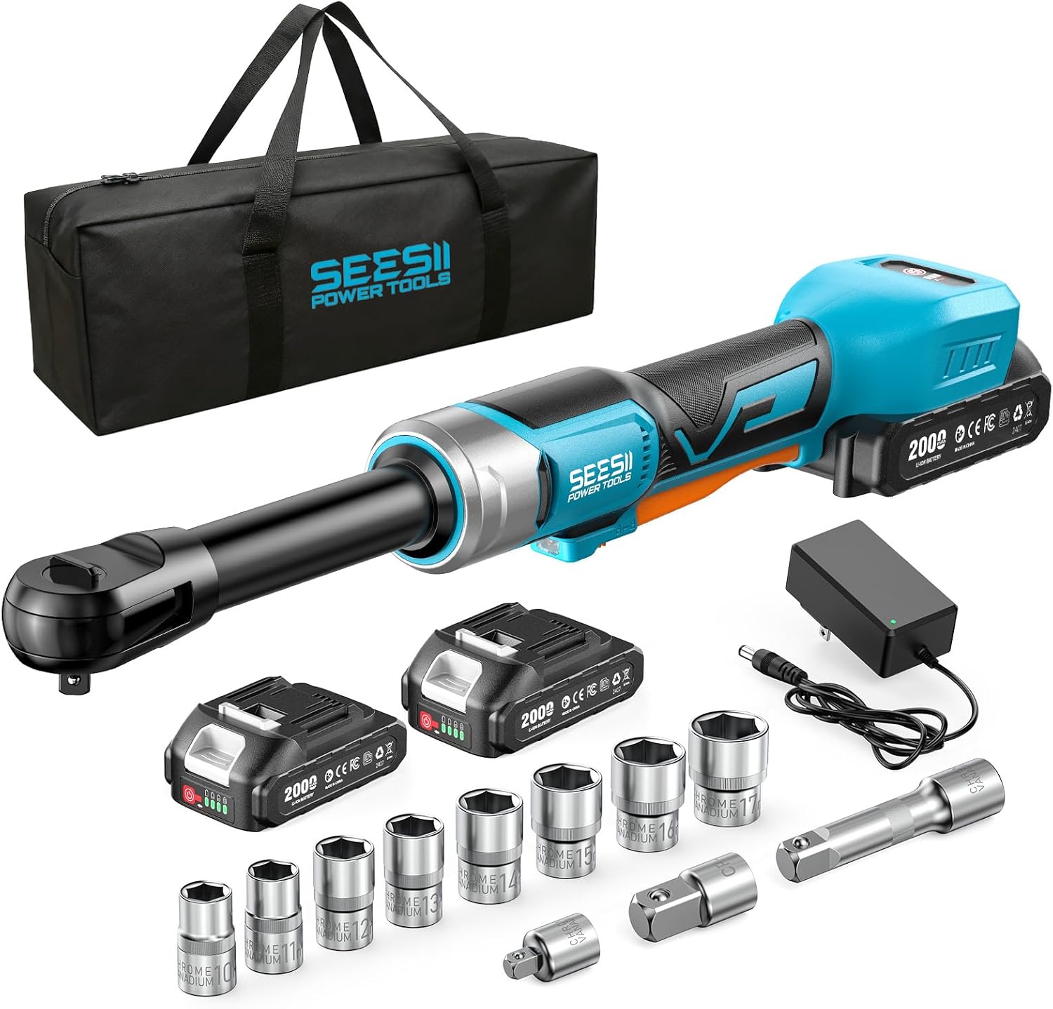 Cordless Electric Ratchet Wrench 3/8", 6" Extended Neck, 3-Speed Adjustable, 74 Ft-lbs Max Torque, 21V Power Brushless Ratchet with 2×2.0Ah Batteries & Fast Charger, 8 Sockets, 1/4"& 1/2" Adapter