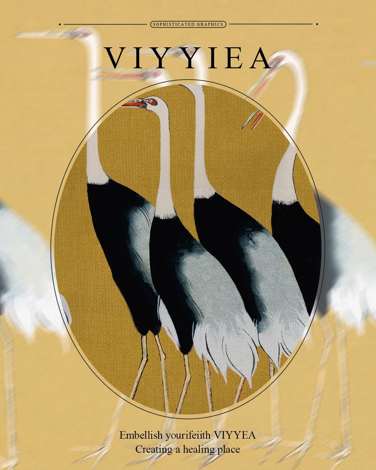 VIYYIEA Gold Framed Large Wall Art Canvas Print Home Decor, Vintage Cranes Wall Art for Living Room, Animal Oil Painting Picture, Farmhouse Aesthetic Bathroom Bedroom Decor Seven Cranes 24x36in