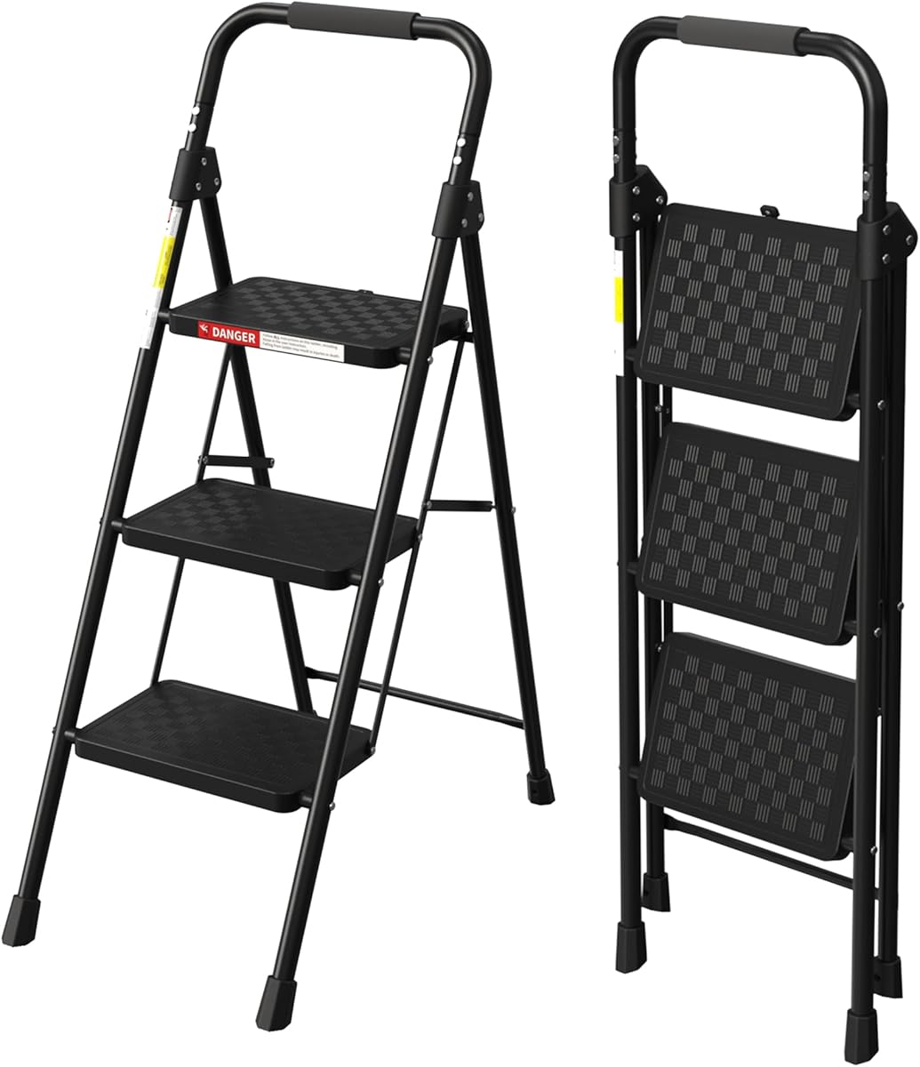 HBTower 3 Step Ladder, Folding Step Stool with Wide Anti-Slip Pedal, Step Stool Foldable with Cushioned Handle for Home and Kitchen, Black
