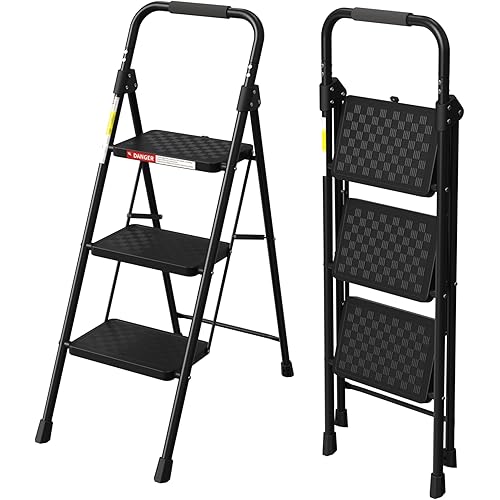 HBTower 3 Step Ladder, Folding Step Stool with Wide Anti-Slip Pedal, Step Stool Foldable with Cushioned Handle for Home and Kitchen, Black