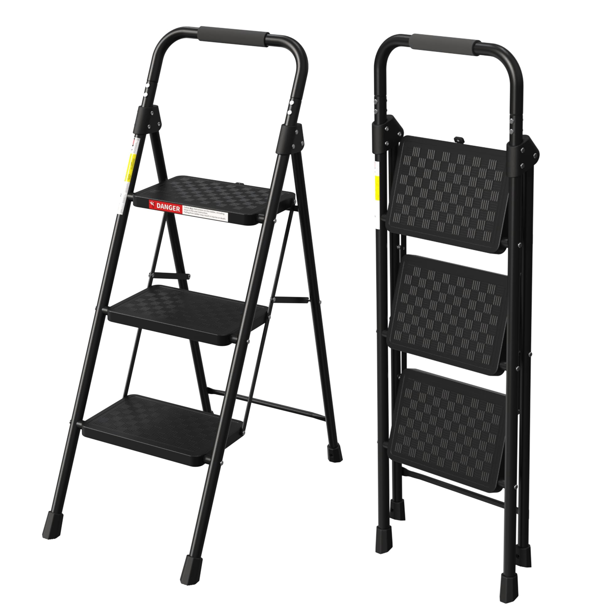 HBTower 3 Step Ladder, Folding Step Stool with Wide Anti-Slip Pedal, Step Stool Foldable with Cushioned Handle for Home and Kitchen, Black
