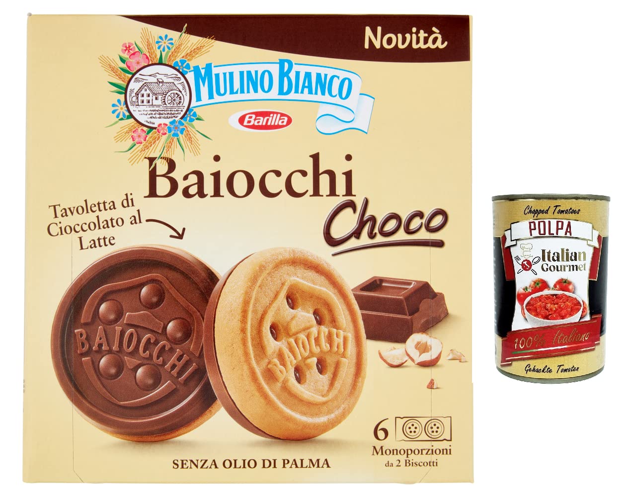 Mulino Bianco Baiocchi Choco - 12 galletas con pizarra de chocolate con leche con avellanas + Polpa Gourmet italiano, 400 g