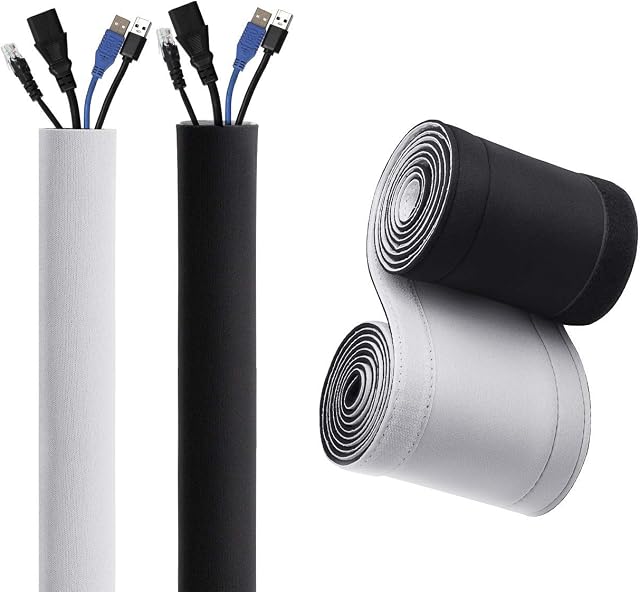 10cm Wide Cable Management Sleeve, Flexible Neoprene Cable Tidy Tube for Desk TV Computer Cord Cover Wire Hider, Black and White Reversible (Inside Diameter  2.5cm/0.98in) (1.5m)