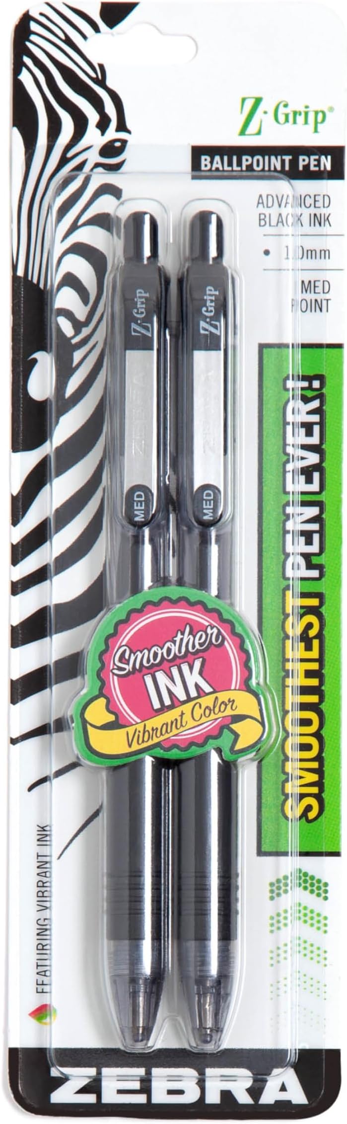 Zebra Pen Z-Grip Retractable Ballpoint Pen, Medium Point, 1.0mm, Black Ink, 2-Count