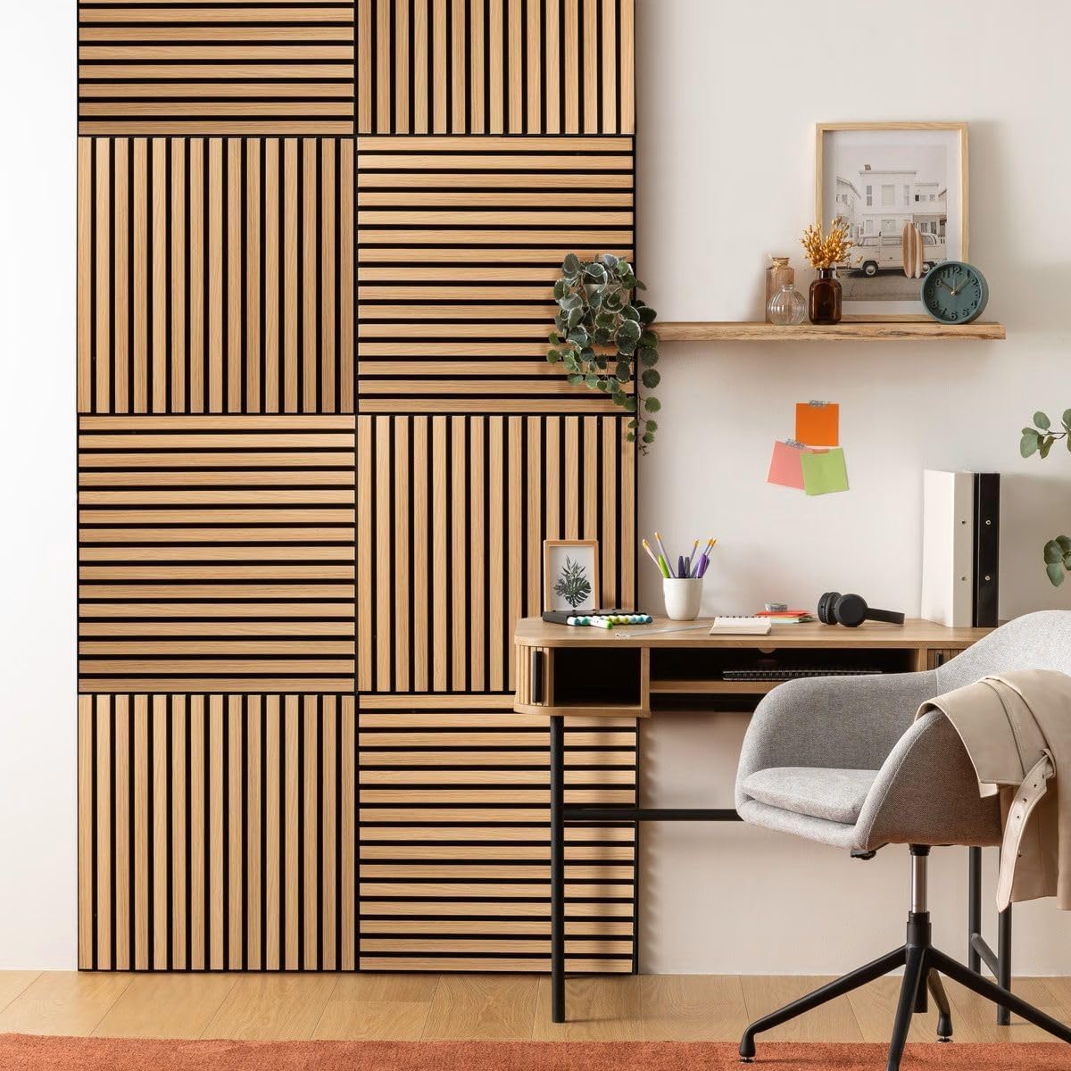 WEB2O Lot de 8 Panneaux décoratif accoustique tasseaux bois Colva 60x60 cm - Effet chêne clair