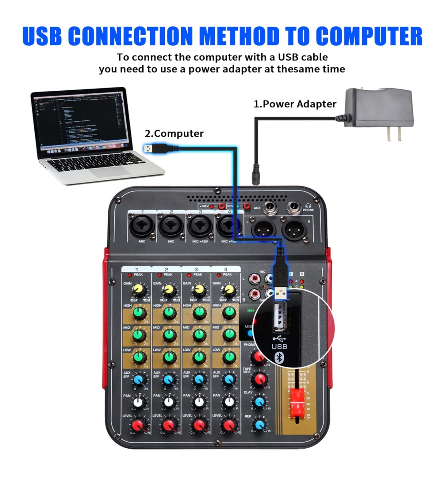 Mezclador de audio, Mezclador de 6 canales Conferencia al aire libre USB Procesador de reverberación Cantar en vivo con tarjeta de sonido Mezclador de sonido Para podcast/grabación/voz