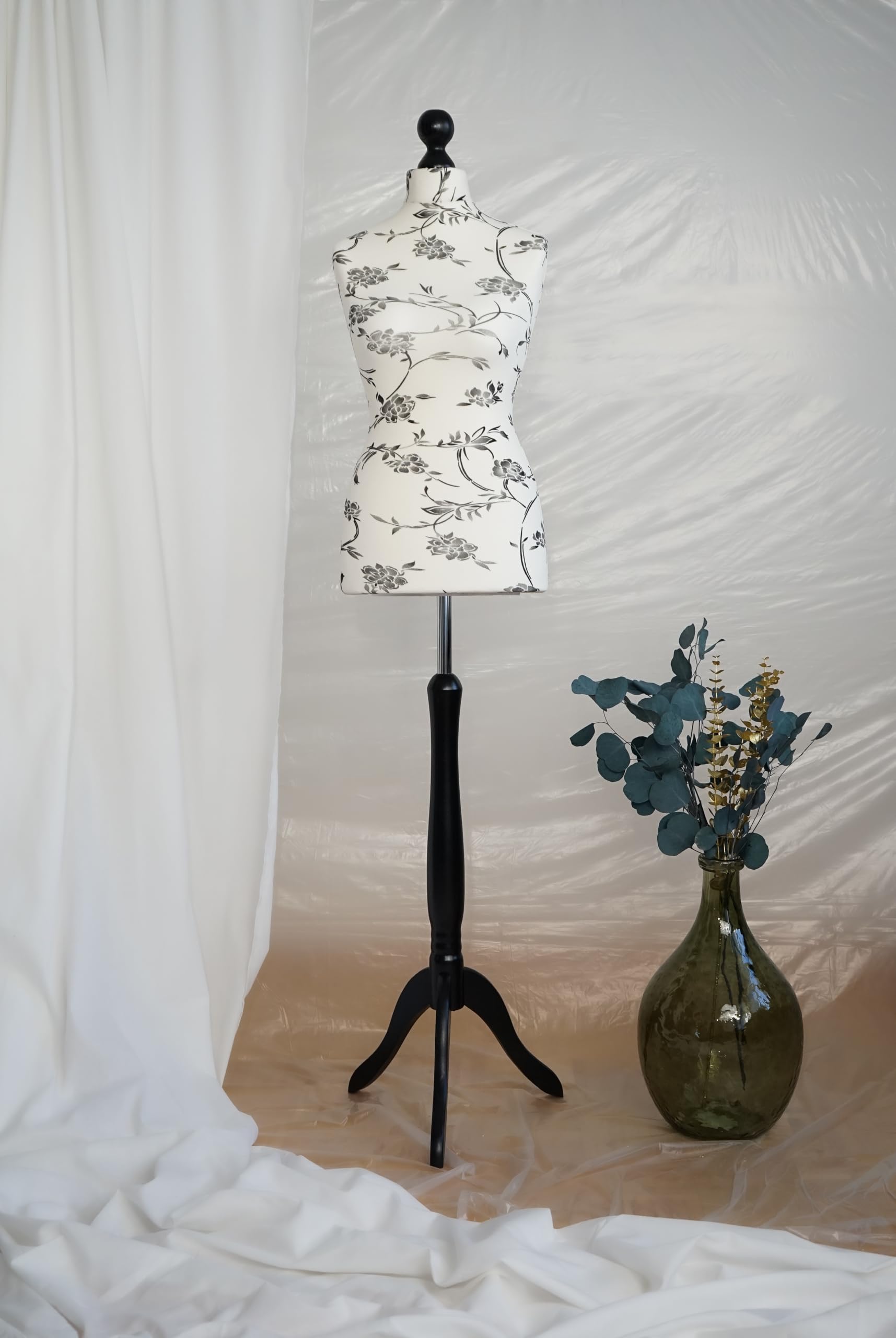 Maniquí de Costura Mujer, Maniquí Sastre Mujer, Funda Cruda con Flores Negras (Black Wood, S 40)