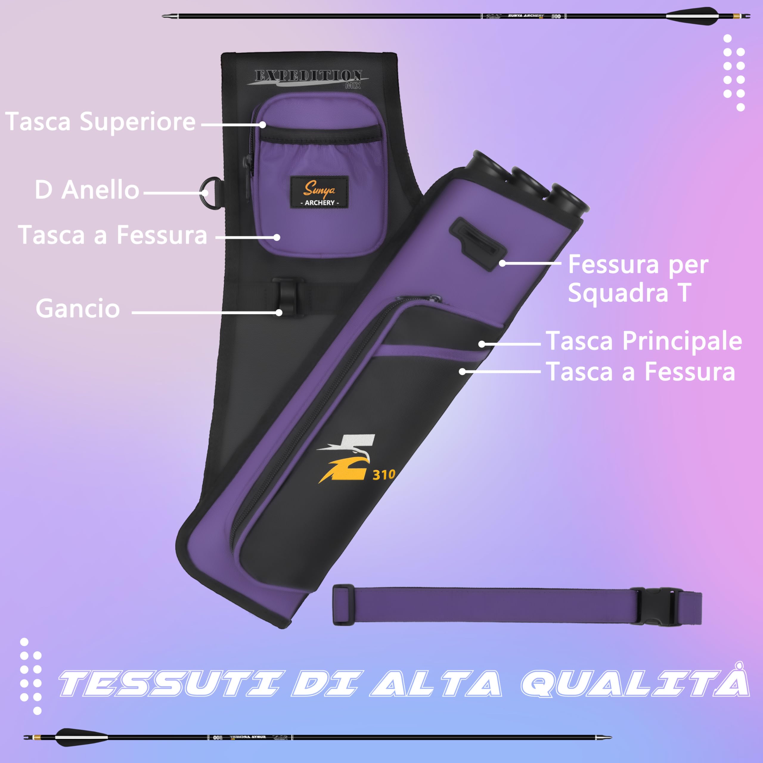Sunya faretra per frecce Arco. Include 3 Tubi portafrecce, Tasche per Accessori e Cintura. Adatto per Archi Compound e recurve. - 3