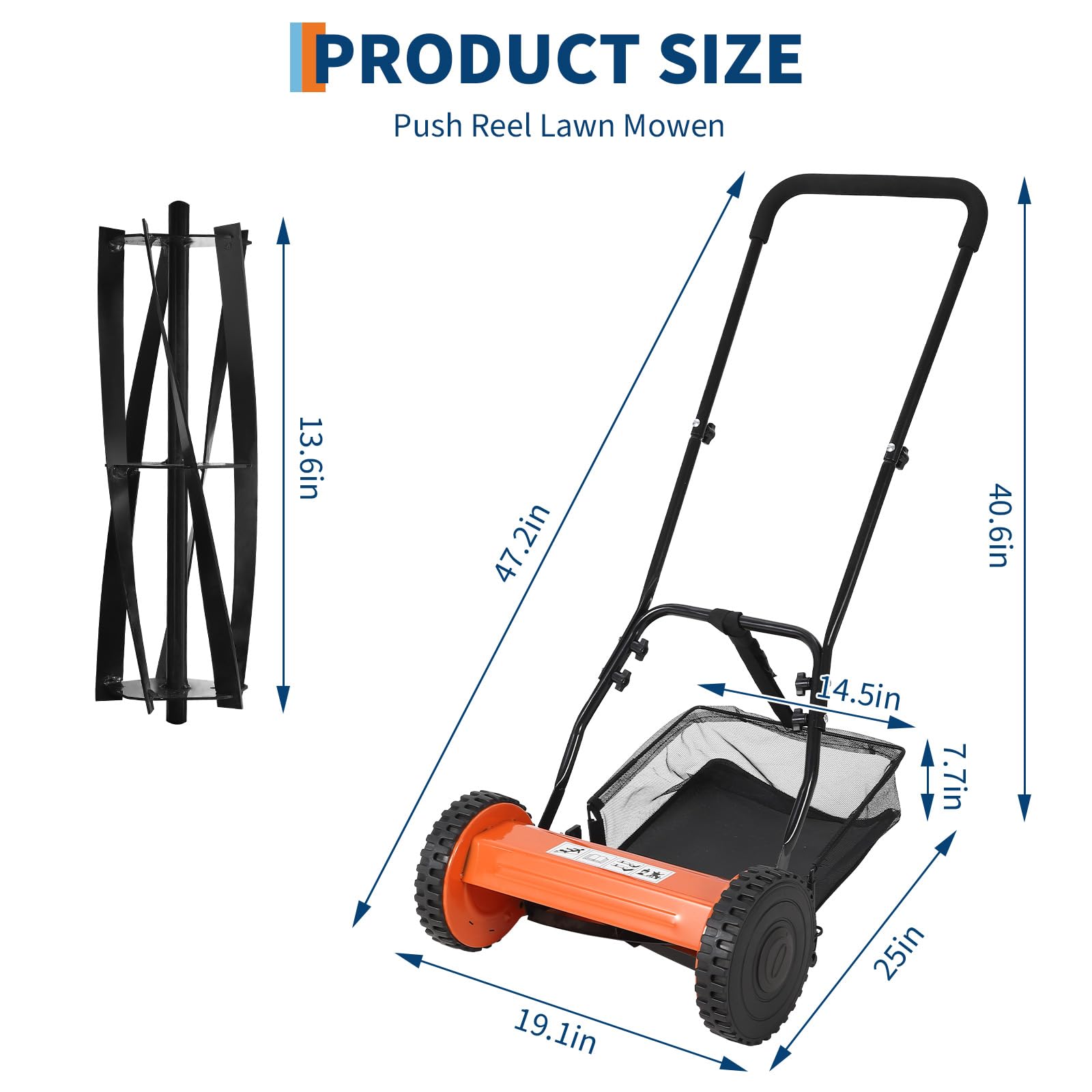 Garvee Cortacésped Manual de Acero al Carbono con Ancho de Corte de 35 cm, Altura Ajustable y Recogedor, Segadora Helicoidal Silenciosa para Jardines Pequeños y Medianos, Naranja, Durabilidad Superior