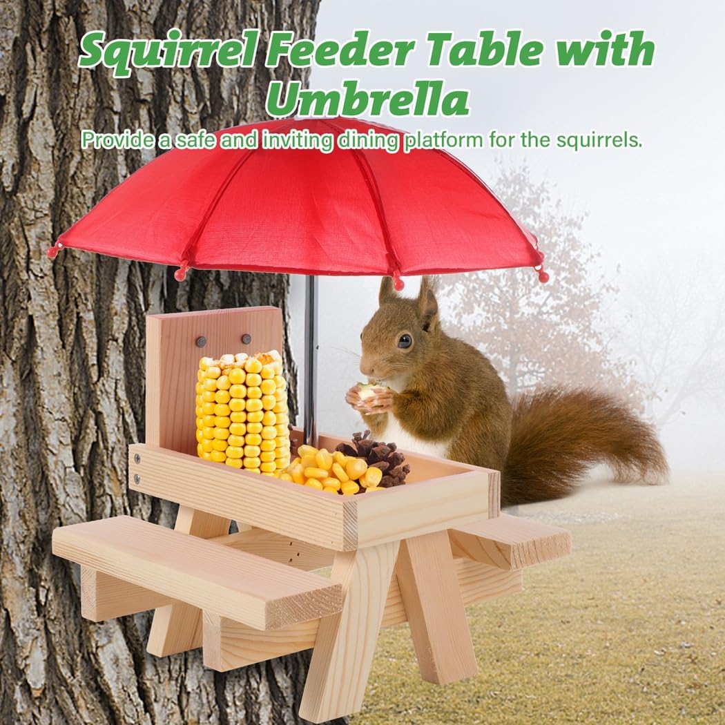 Wooden Squirrel Picnic Table with Corn Holder, Chipmunk Feeder with Umbrella and Benches, Stable Outdoor Dining Table for Squirrels